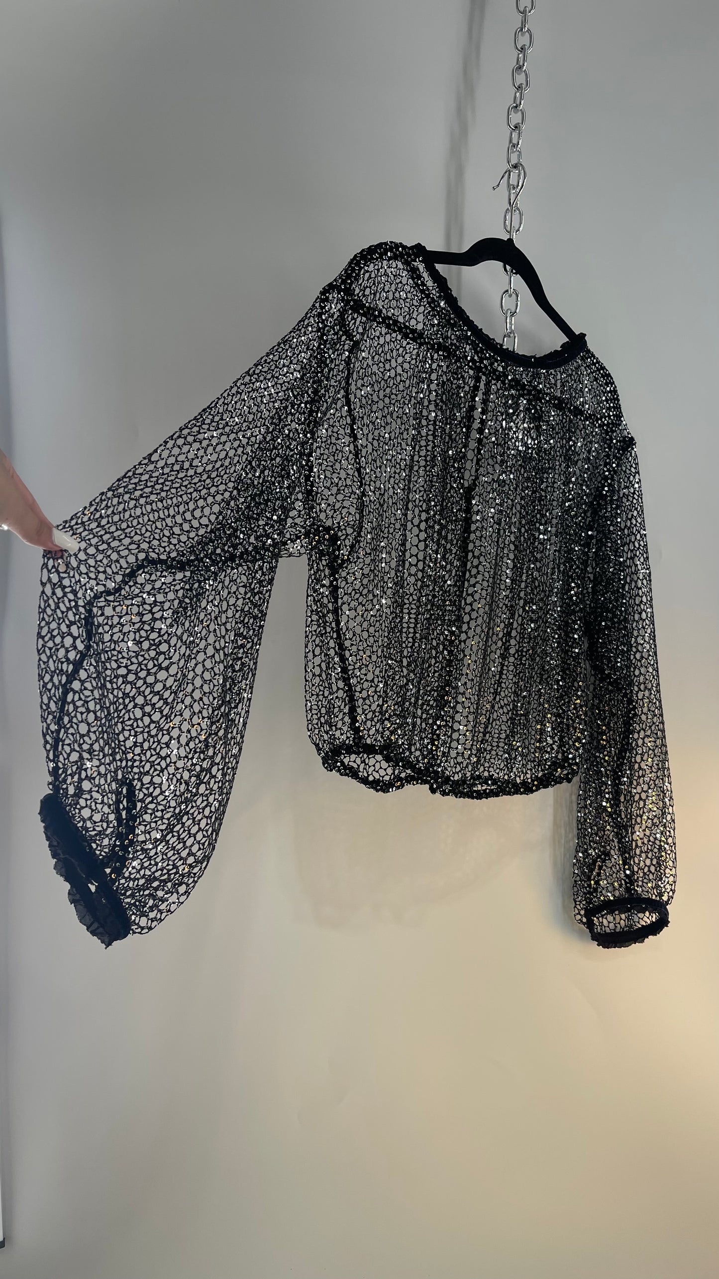Free People Disco Black Mesh Blouse with Velvet Ribbon Trim (S/M)