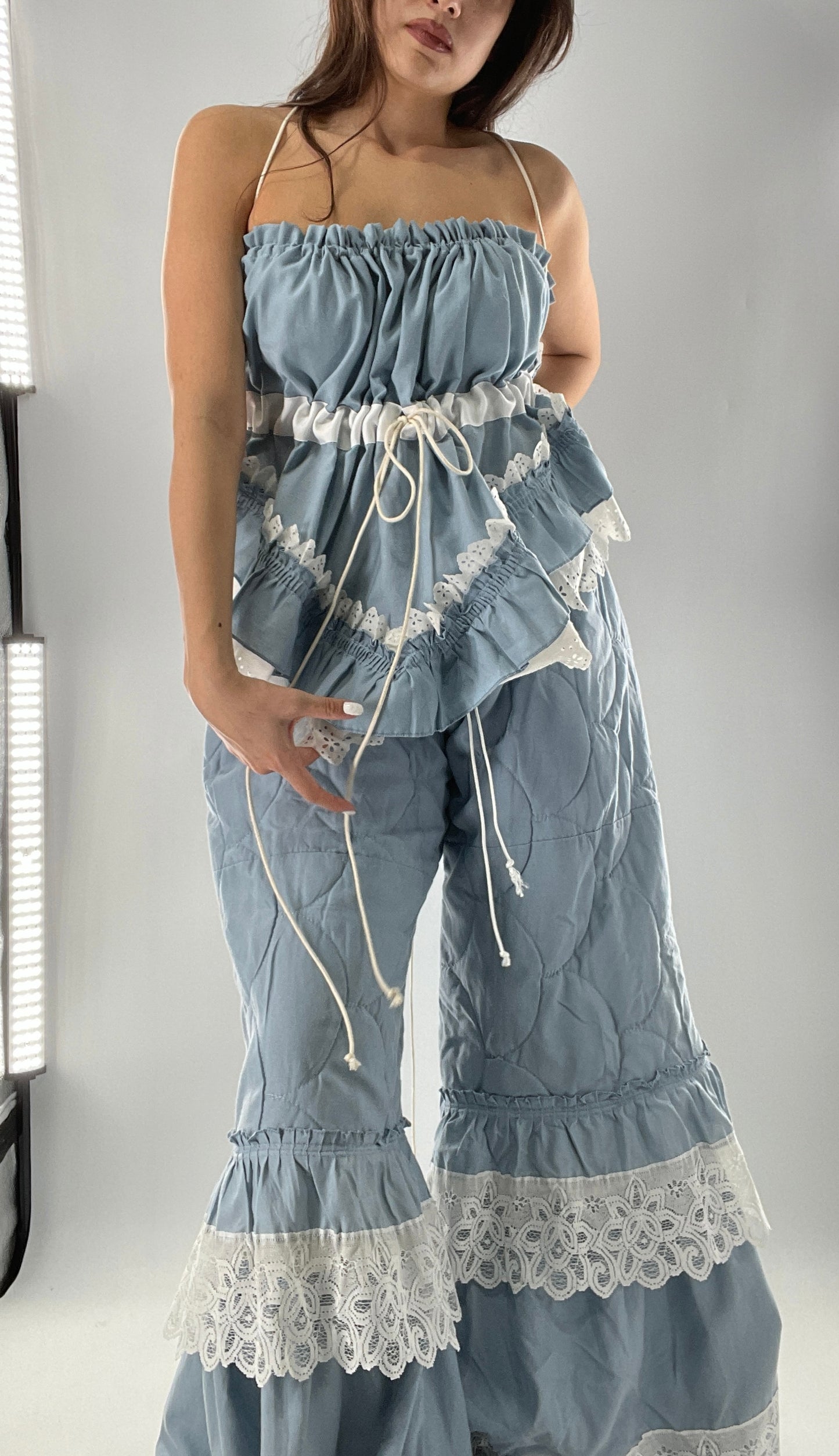 Vintage 2 Piece Powder Blue Set Featuring 2Way Blouse and Quilted Trousers Covered in Ruffles, Lace and Trim (One Size)