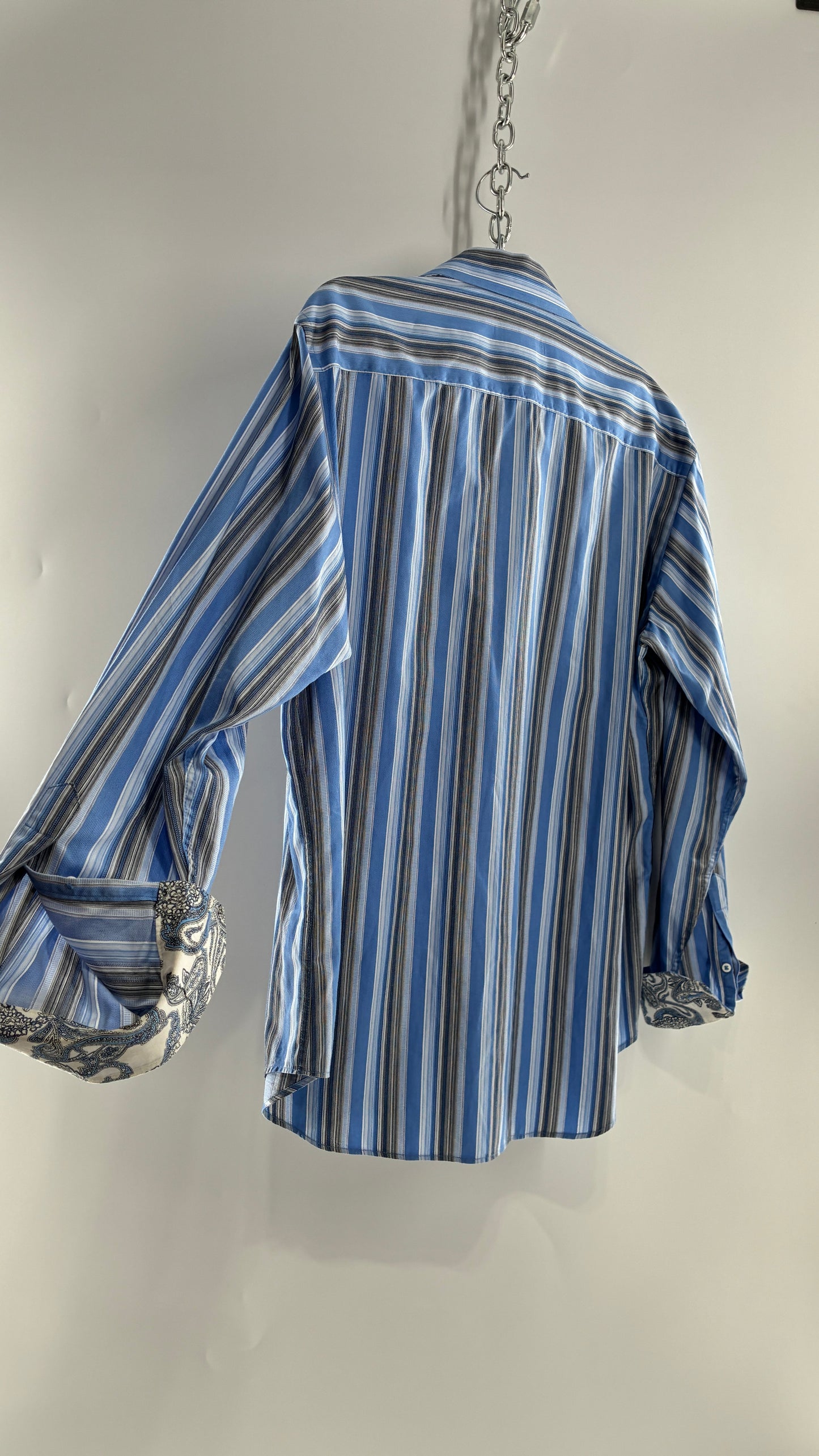 Vintage 1990s Bugatchi Men’s Blue Striped Button Up with Paisley Cuffs (Large)