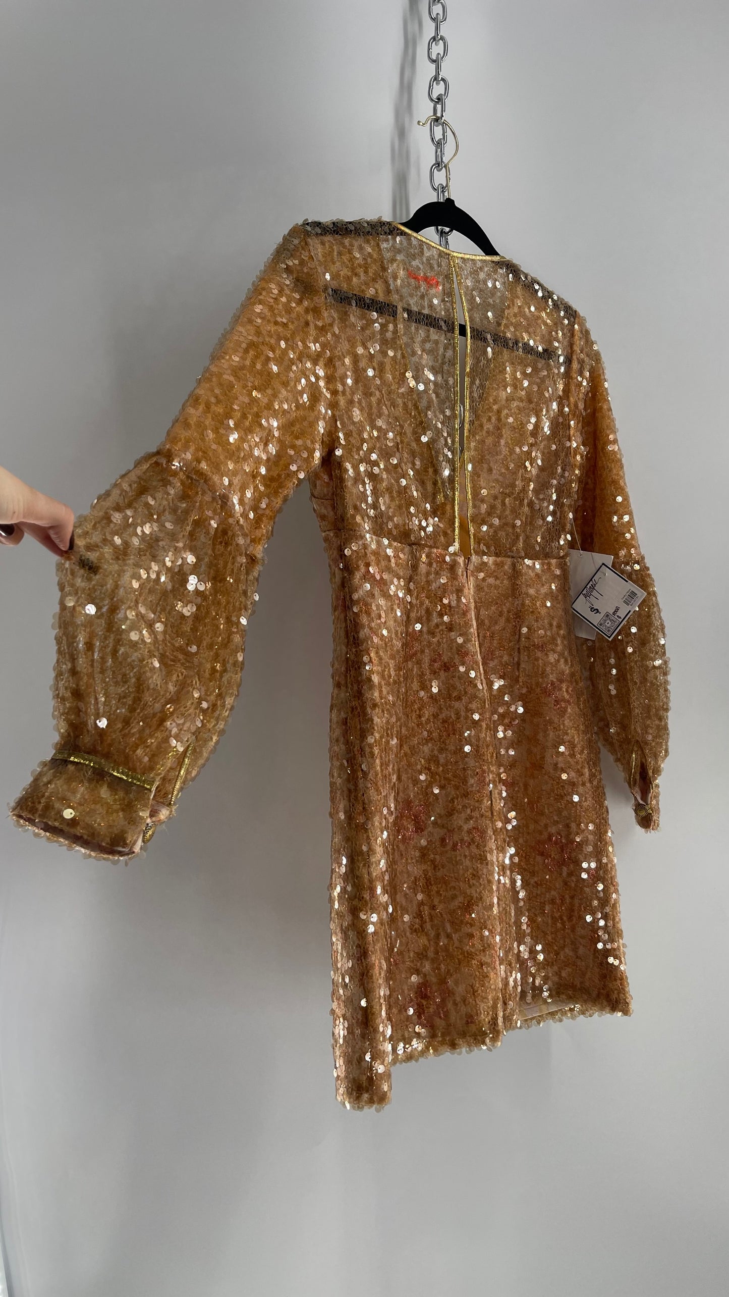 Free People Tapestry Underlay and Gold Sequin Overlay A-Line Mini Dress with Bubble Sleeves
(0)