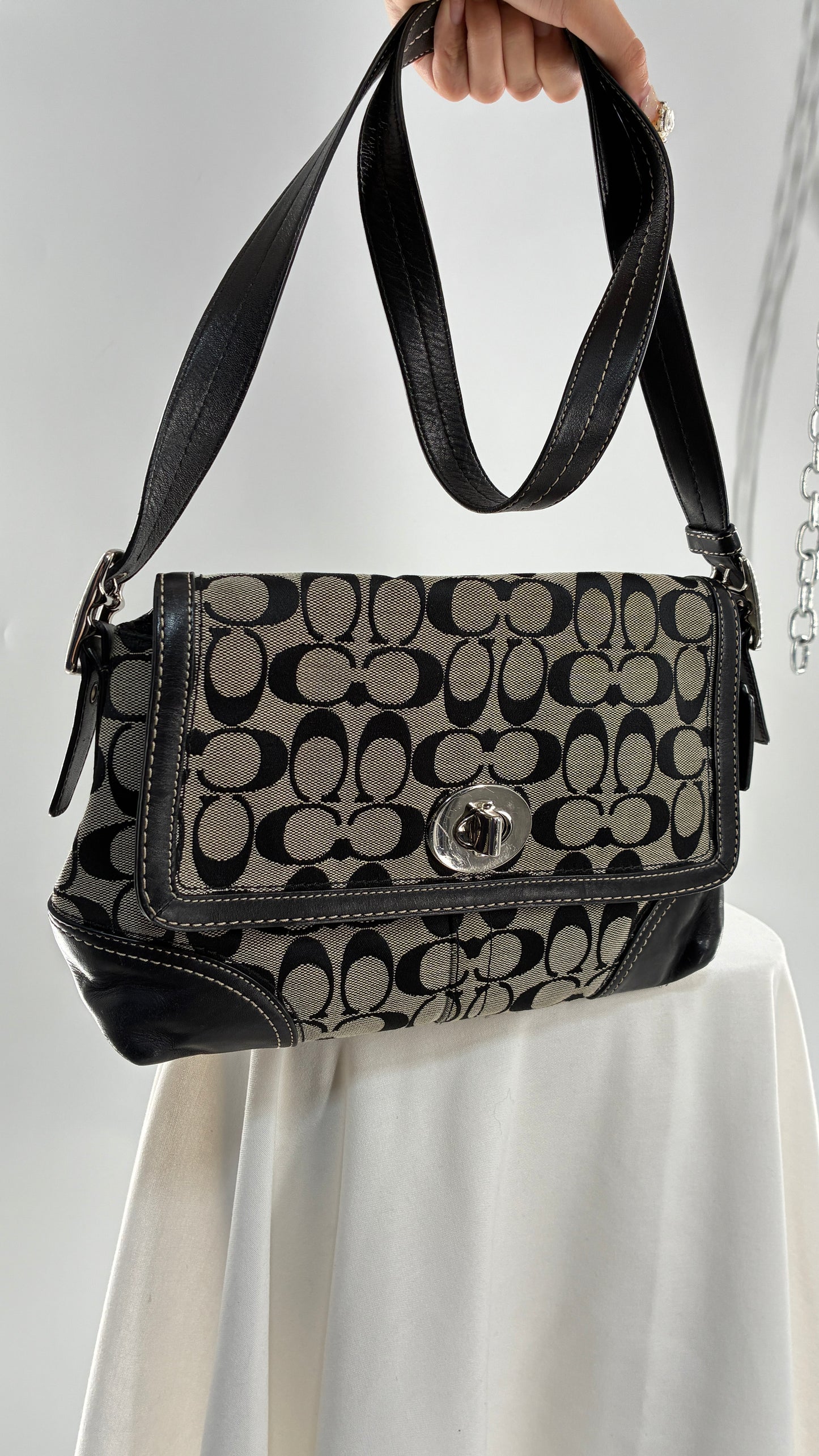 Vintage COACH Hampton Gray and Black Monogram Shoulder Bag