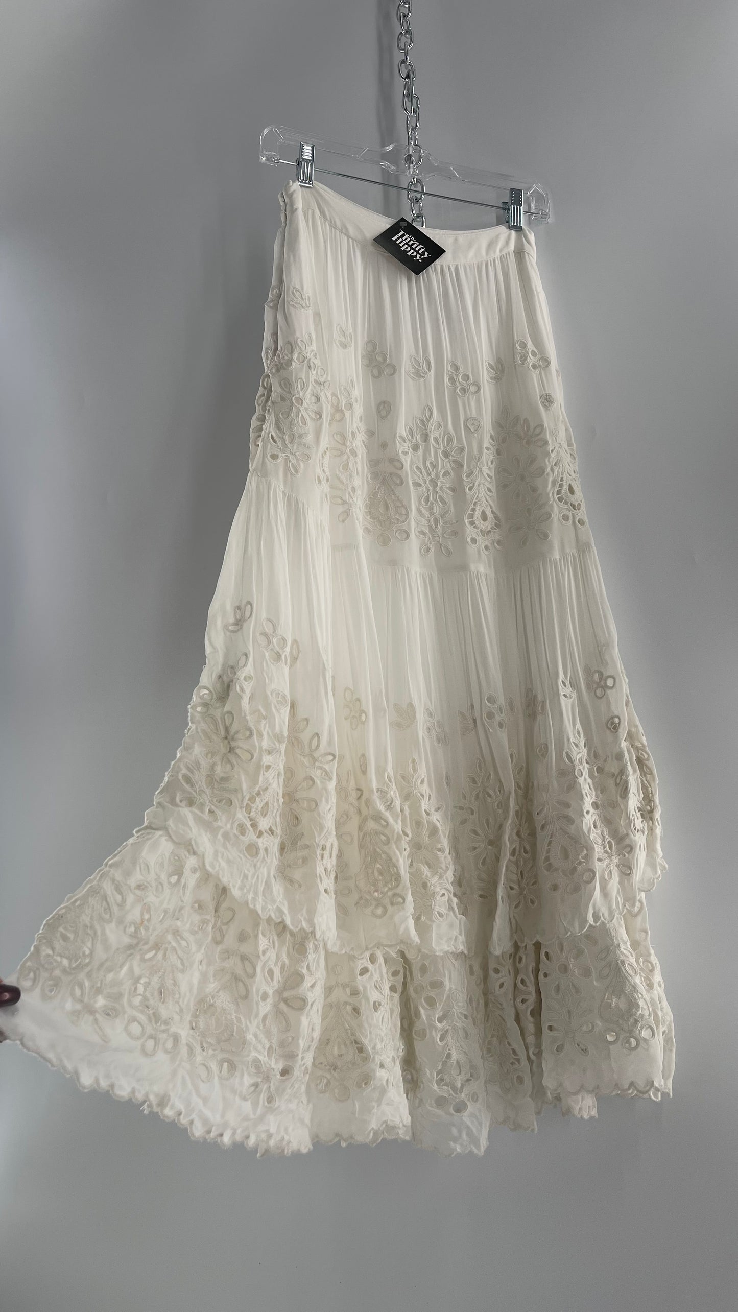 Free People White Embroidered Eyelet/Lace Voluminous Tiered Ruffle Full Length Skirt (4)