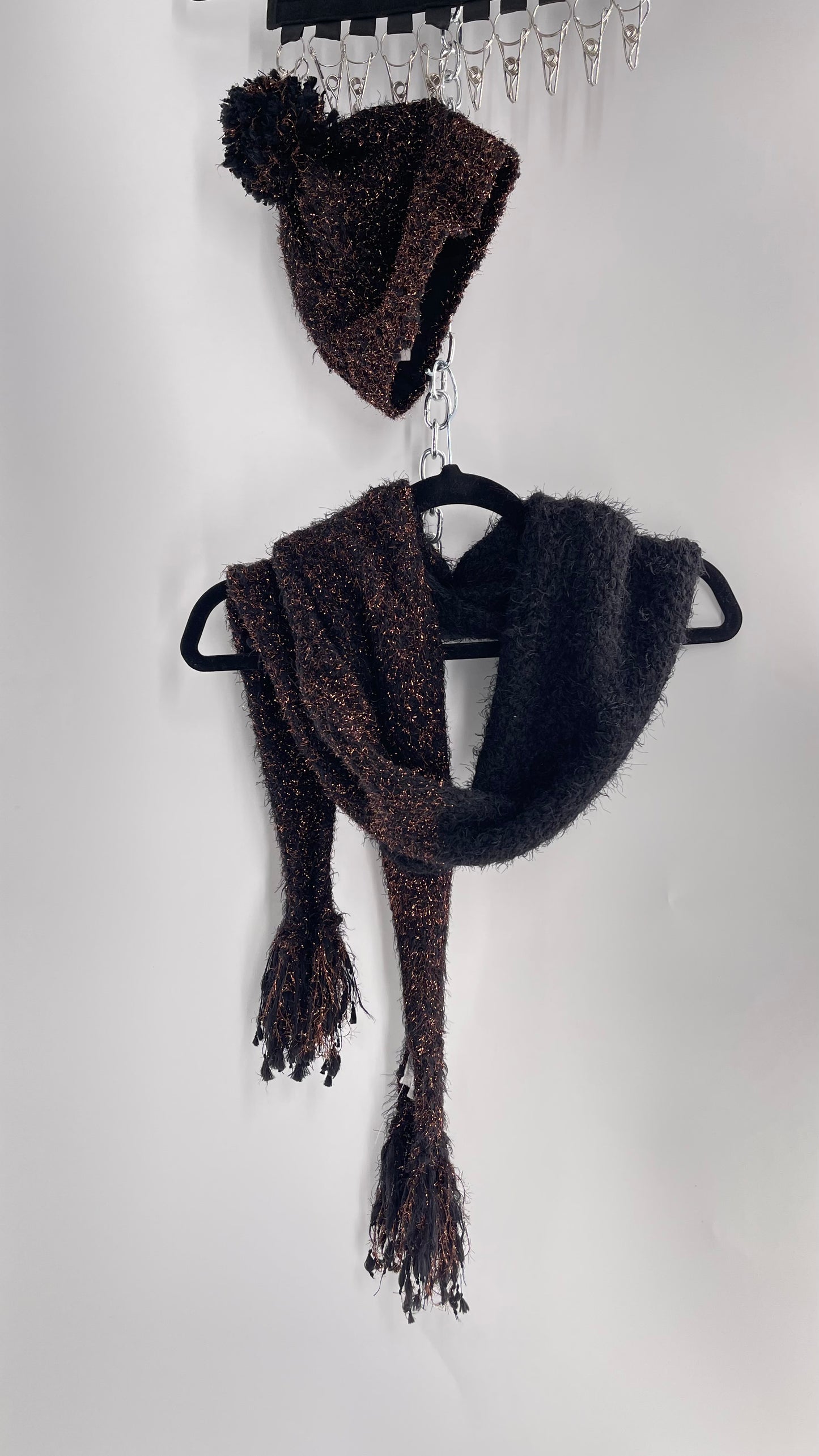 Anthropologie Bronze Tinsel Black Knit Beanie and Skinny Pom Scarf 2pc Set with Tags Attached