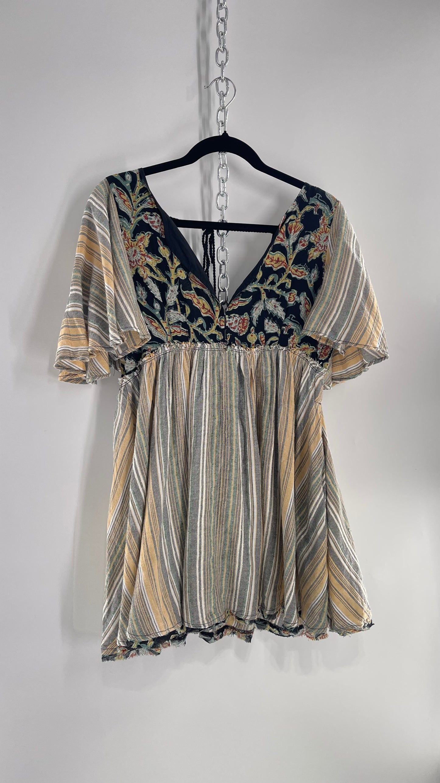 Free People Dual Fabric Floral/Woven Boho Babydoll Mini Dress (XS)