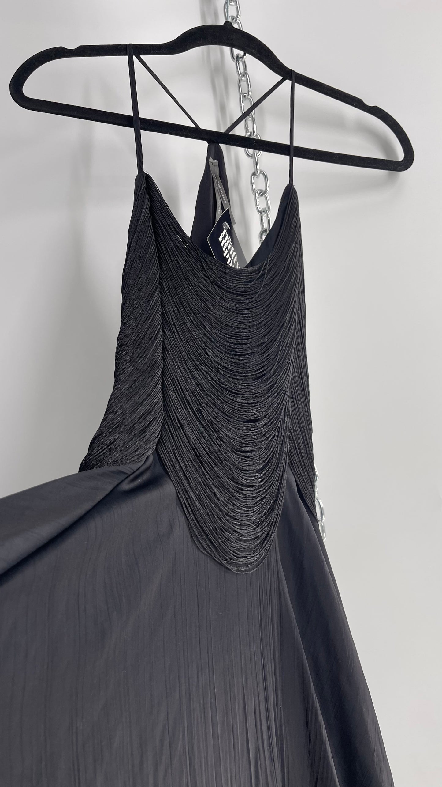 Anthropologie Black Handkerchief Hem Midi Dress with Heavy Draped Rope Bodice (4)