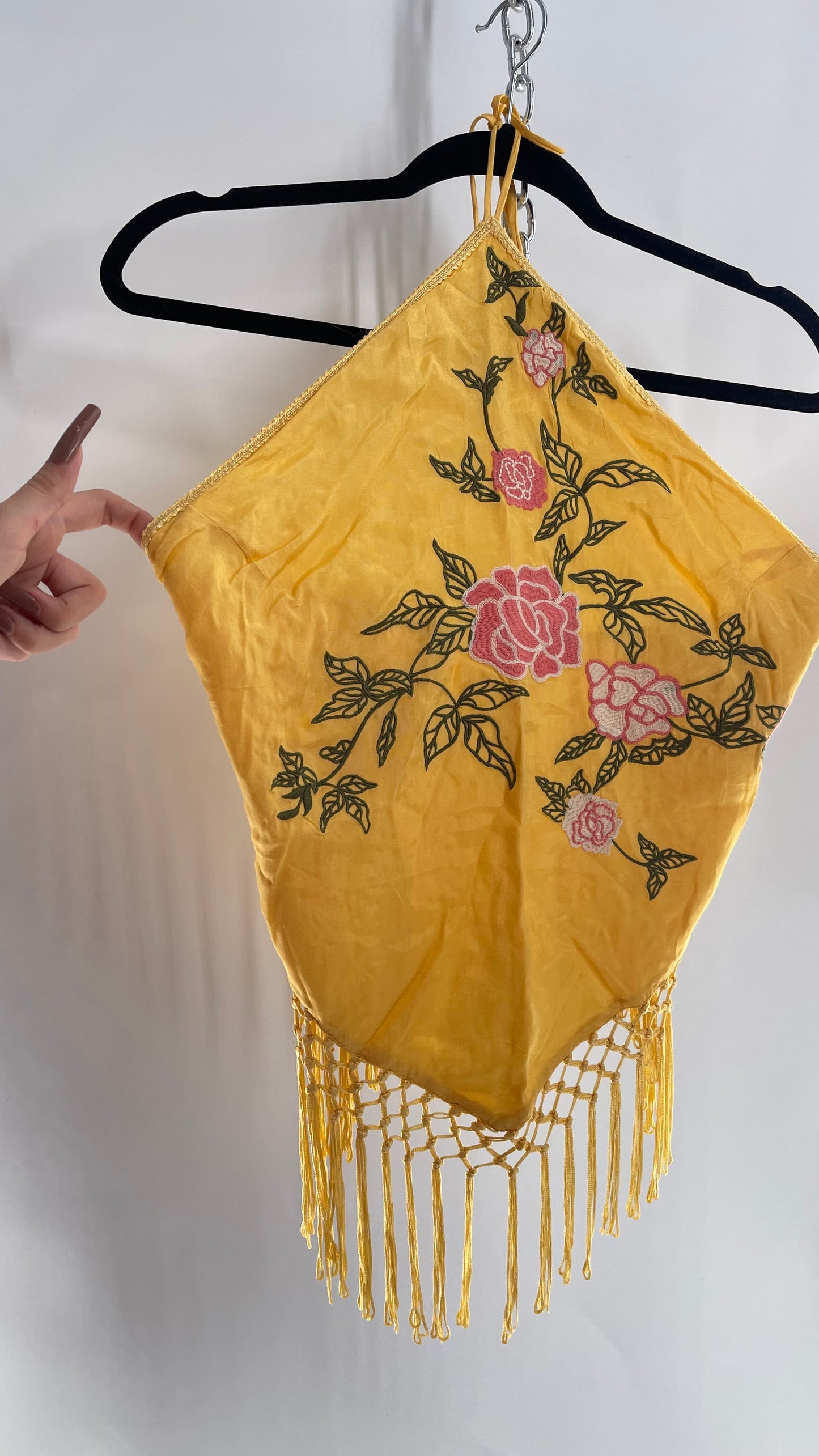 Urban Outfitters Yellow Halter with Embroidered Roses and Fringe Hemline (XS)