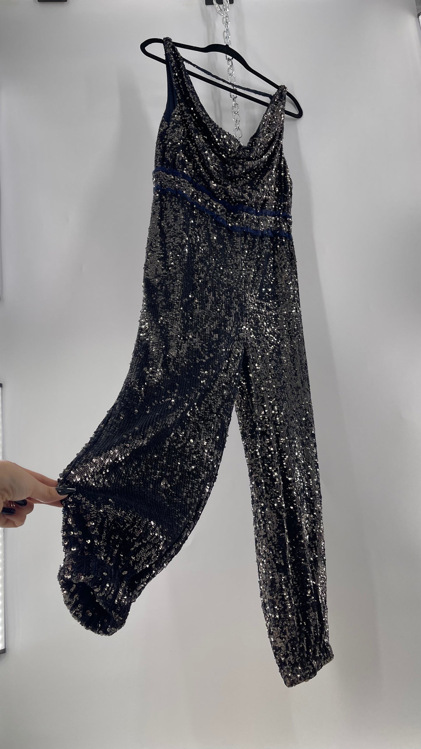Free People Navy Sequin Jumpsuit (S)