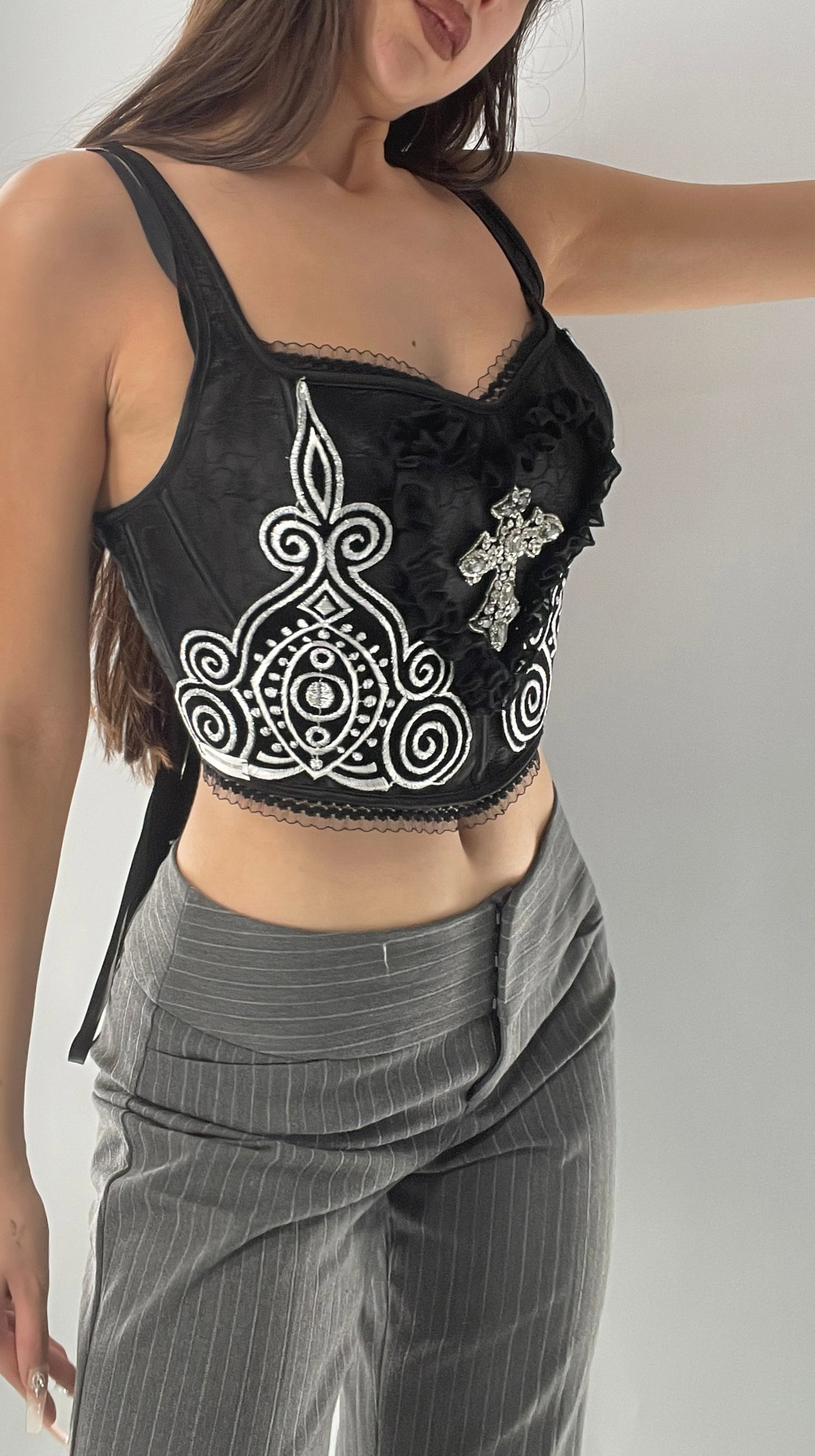 Custom Corset Handmade with Appliqués, Embroidery, Gemstones, Lace and Ruffles (S/M)