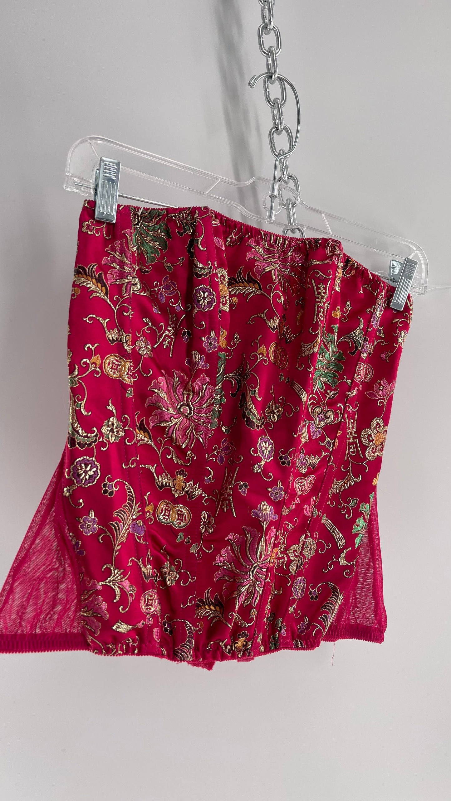 Vintage 1990s HOT Hot Pink Jacquard Metallic Boned Corset with Mesh Back and Hips (Small)