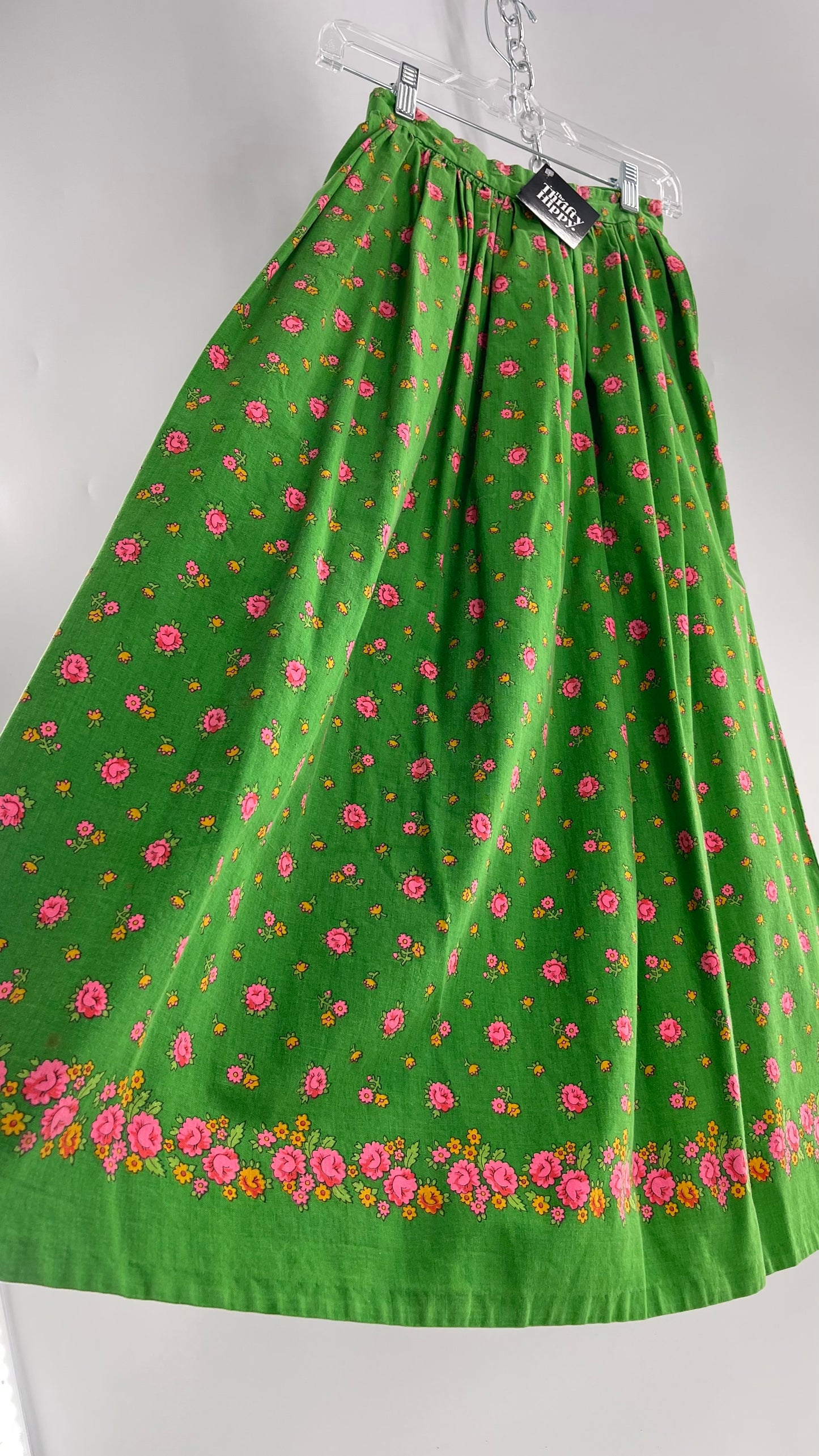 Vintage Imported Cotton Kelly Green Skirt with Pink Roses (XS)