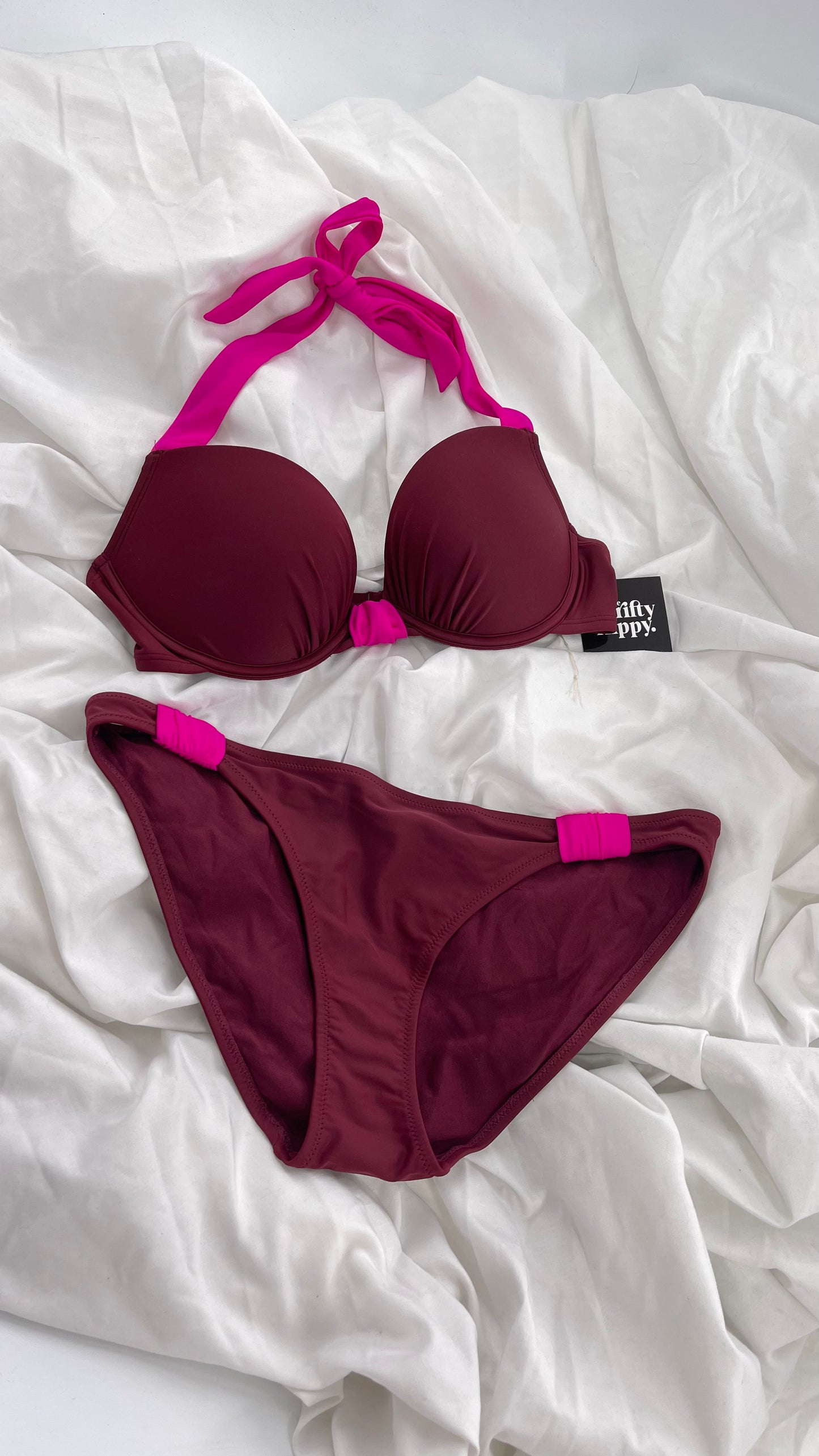AERIE Burgundy Padded Underwire Swim Top Set with Fuchsia Details (36C/L Bottoms)