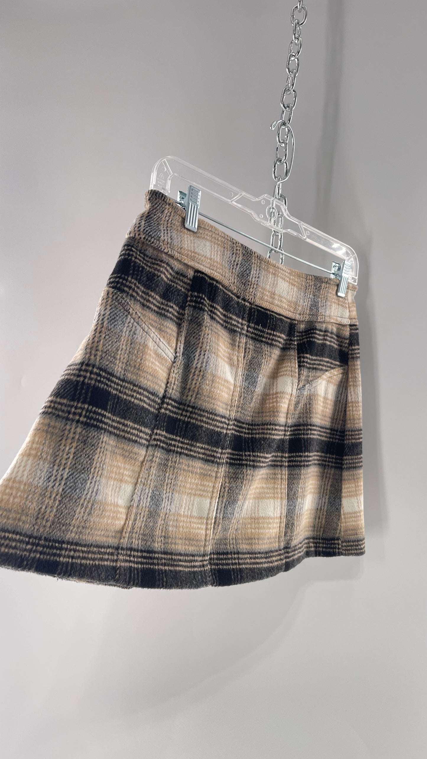 Free People Plaid Beige Gray Soft Mini Skirt with Side Slit and Built in Grommet Belt