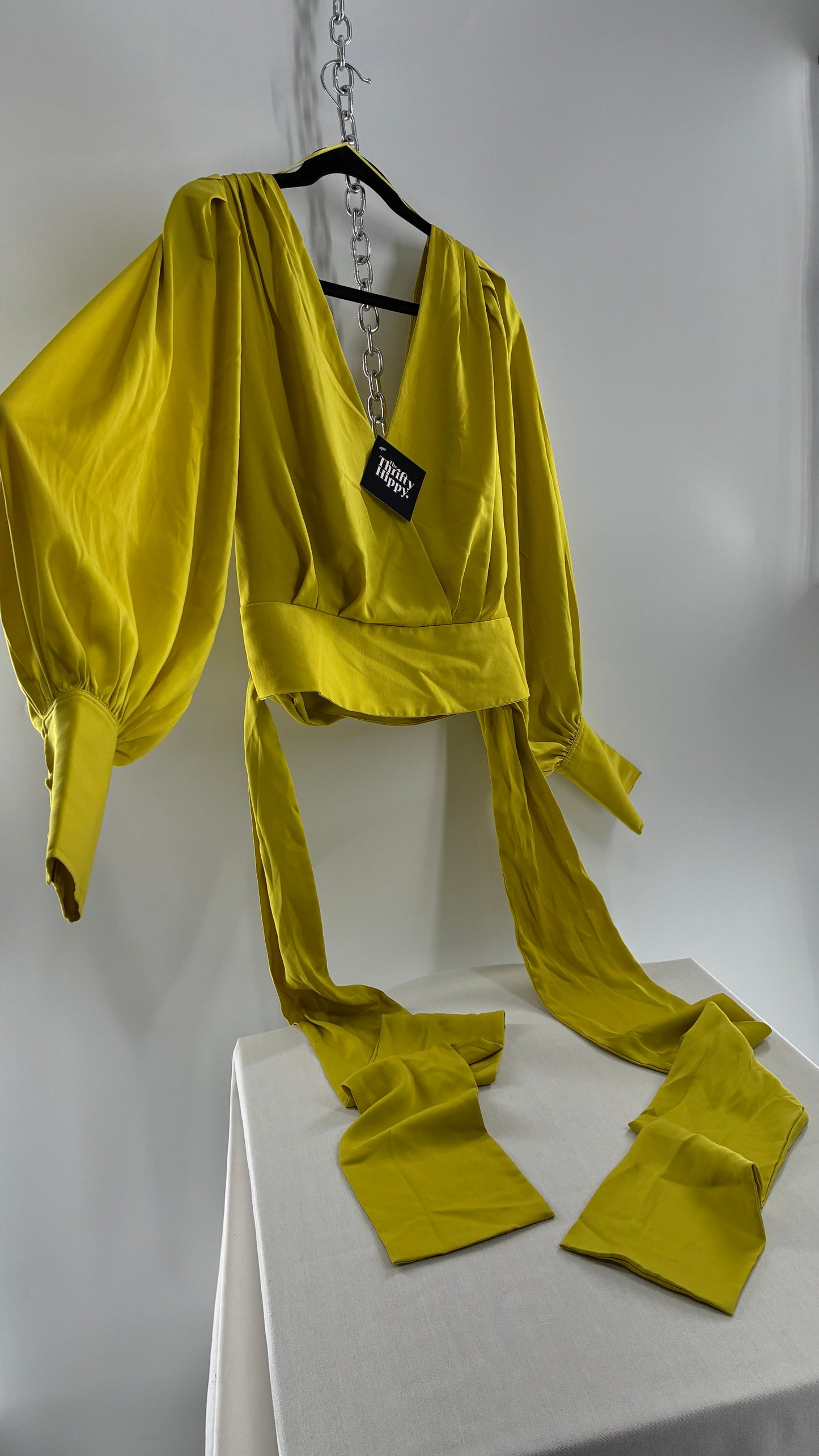 BANANA REPUBLIC Balloon Sleeve Chartreuse Green Wrap Around Blouse (10)