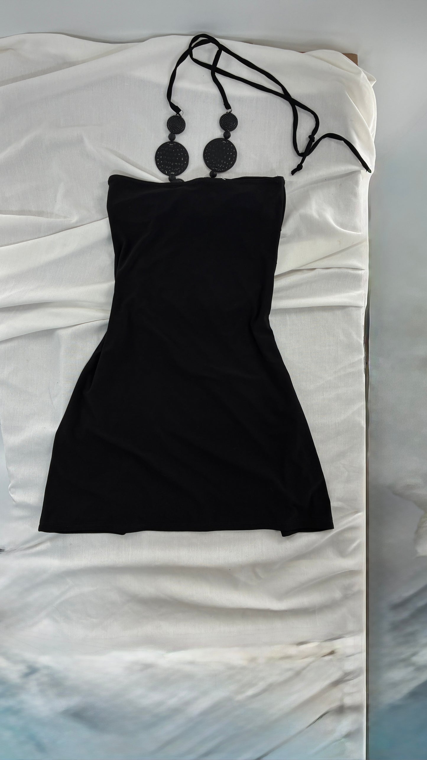 Vintage C.GRAFFITTI Black Mini Dress with Beaded Halter Detail (Small)