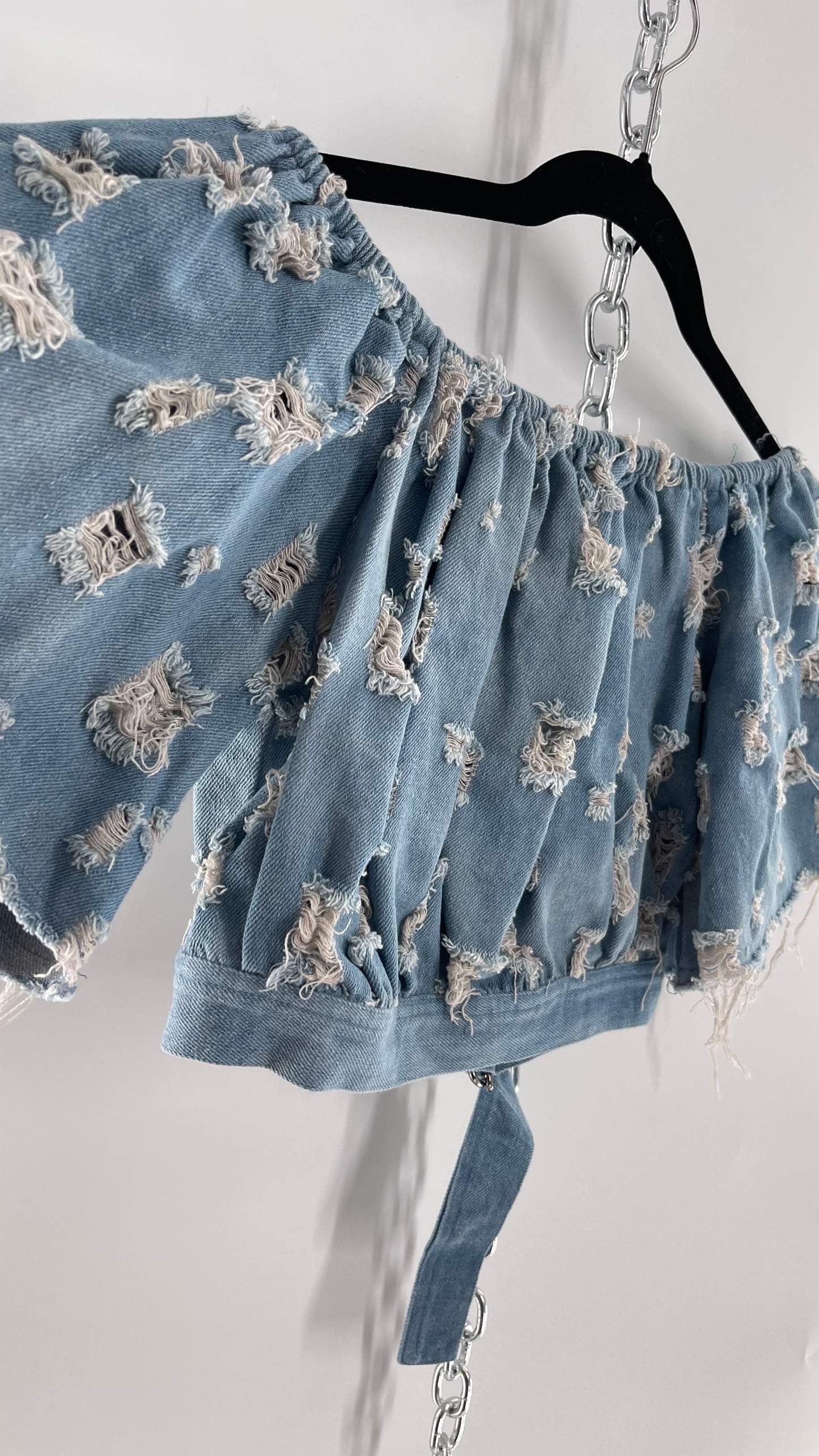 Homage Distressed Denim Crop Top with Keyhole Bust Cutout and Buckle (Medium)