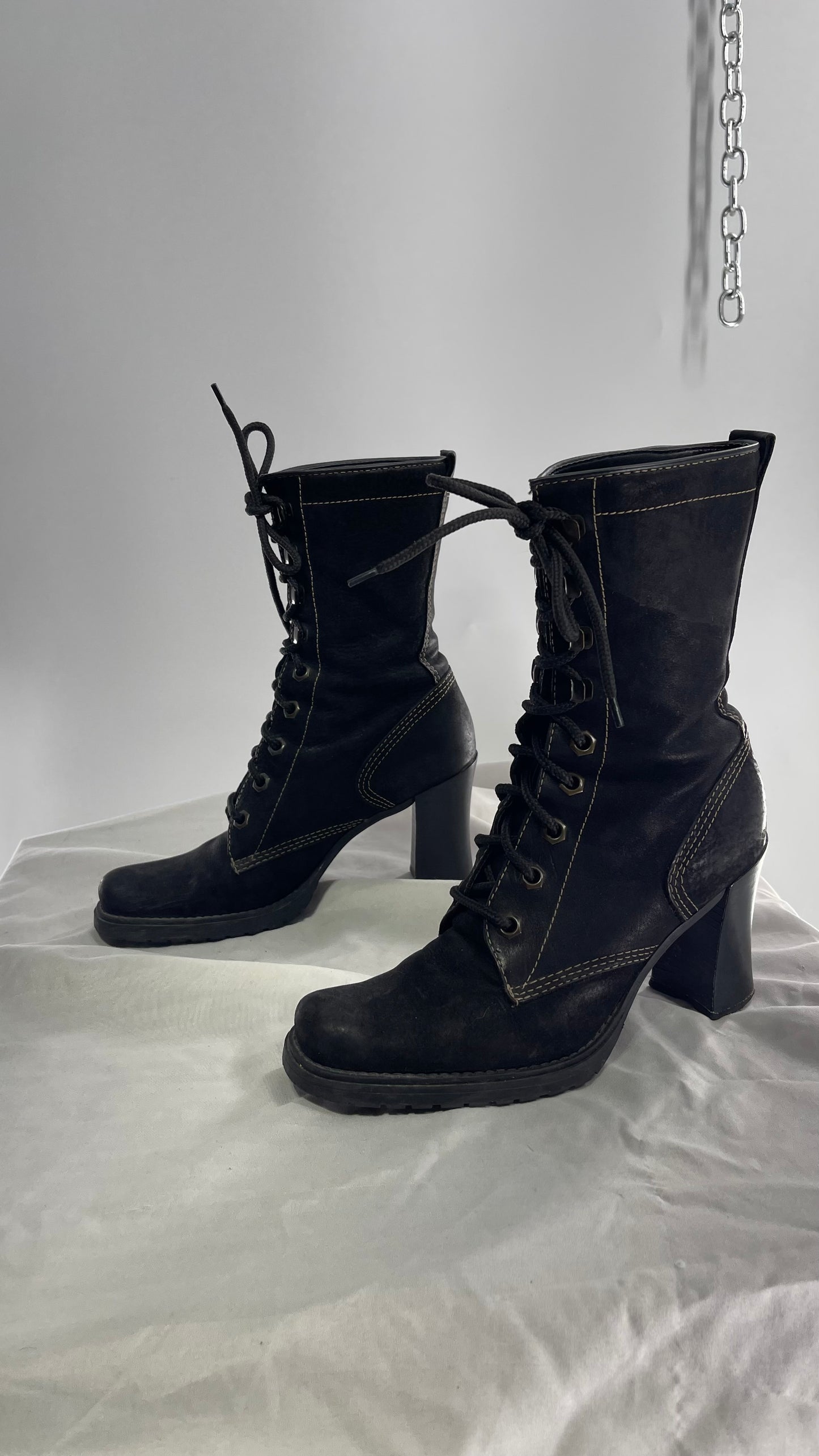 Vintage Nine West Leather Black Lace Up Combat Boots (7)