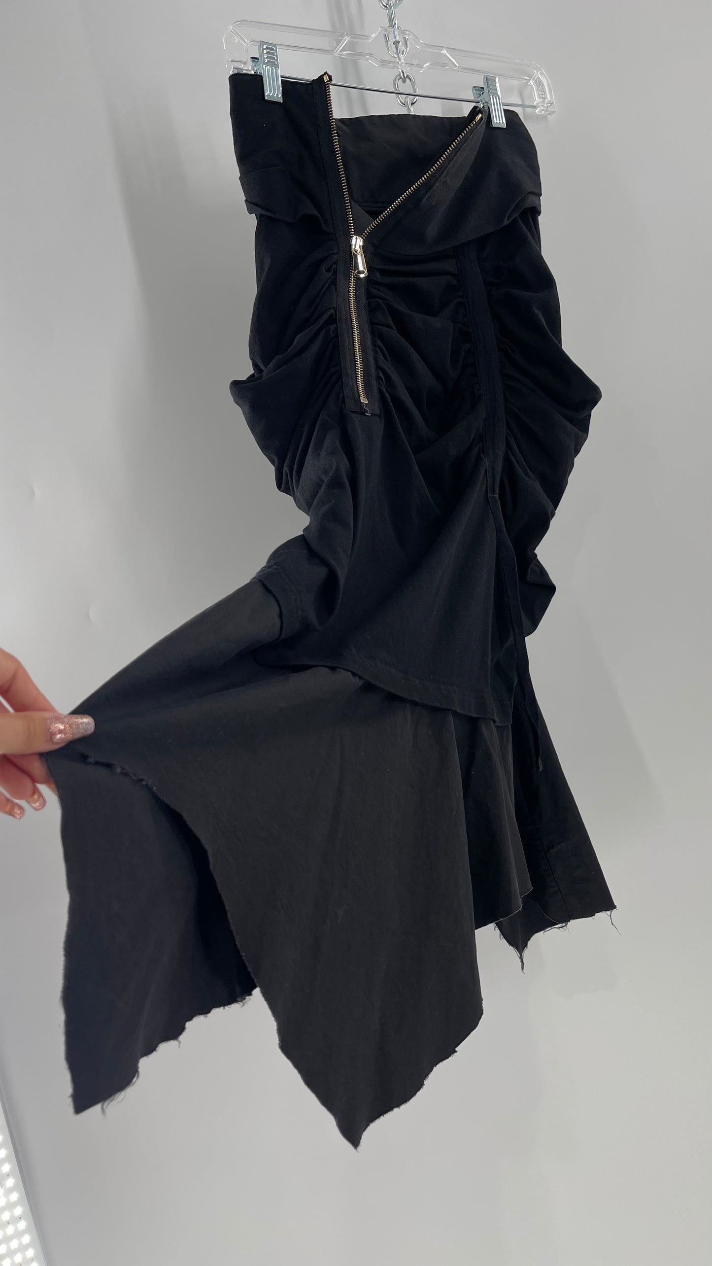 AGANOVICH Black TS50 Jersey Ruched Asymmetric Cargo Skirt with Gold Zipper (0)