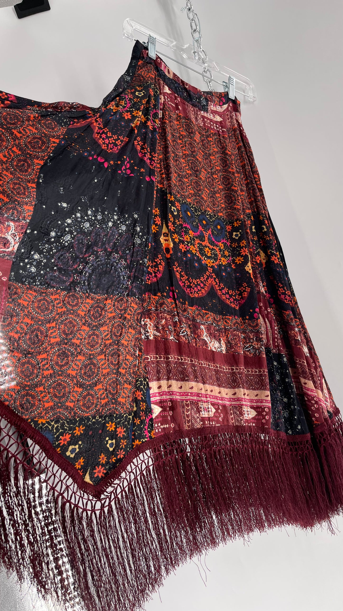 Free People Burgundy Satin Patchwork Patterned Fringe Full Length Skirt with Embossed Symbols and Side Slit Tags Attached (0)