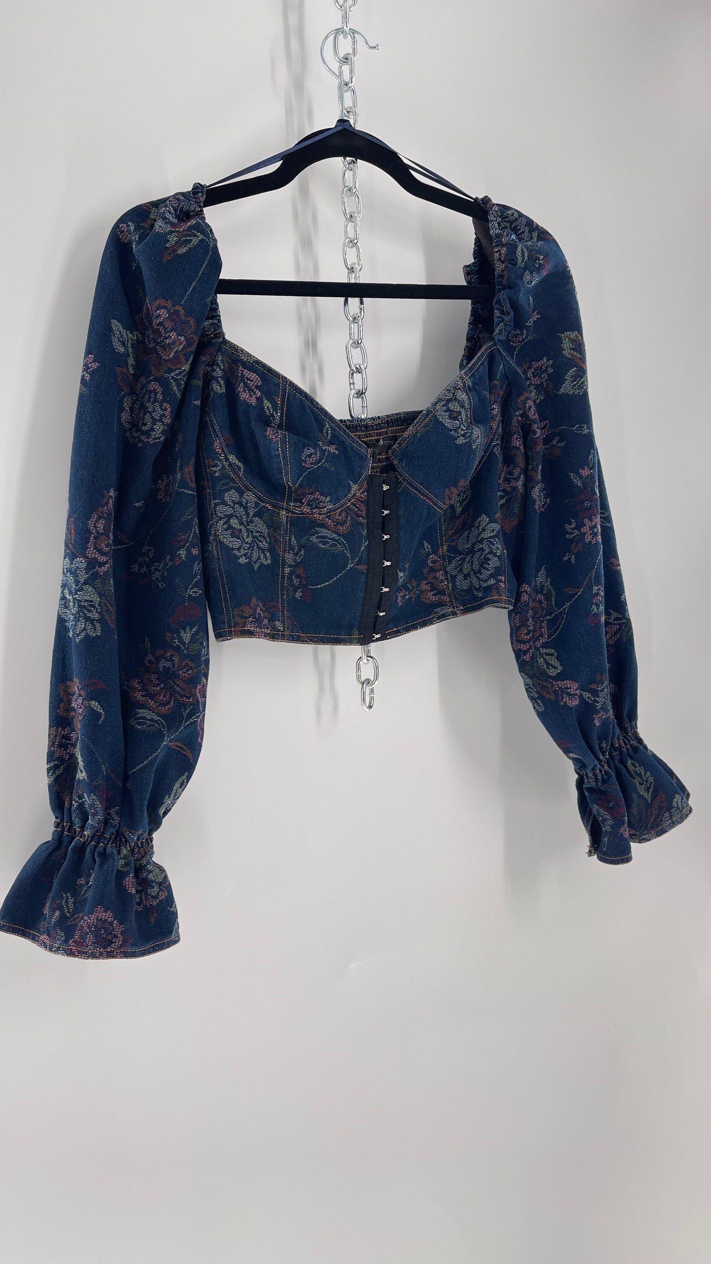 Urban Outfitters Denim Cropped Corset Grommet Balloon Sleeve Blouse (Large)