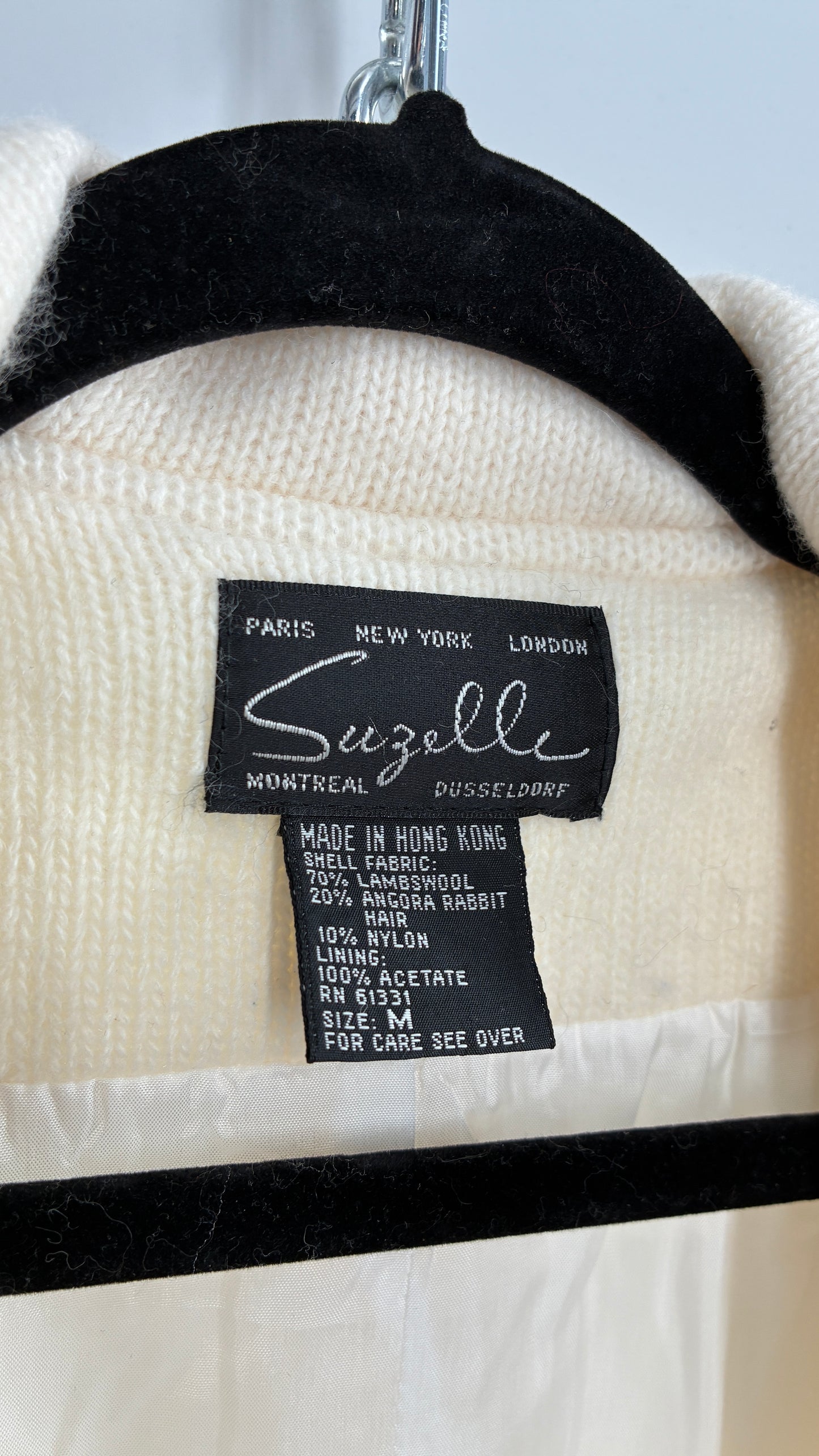 Vintage SUZELLE 70% Lambswool, 20% Angora Rabbit Off White Woven Bomber Jacket with Leather Flower Appliqués (Medium)