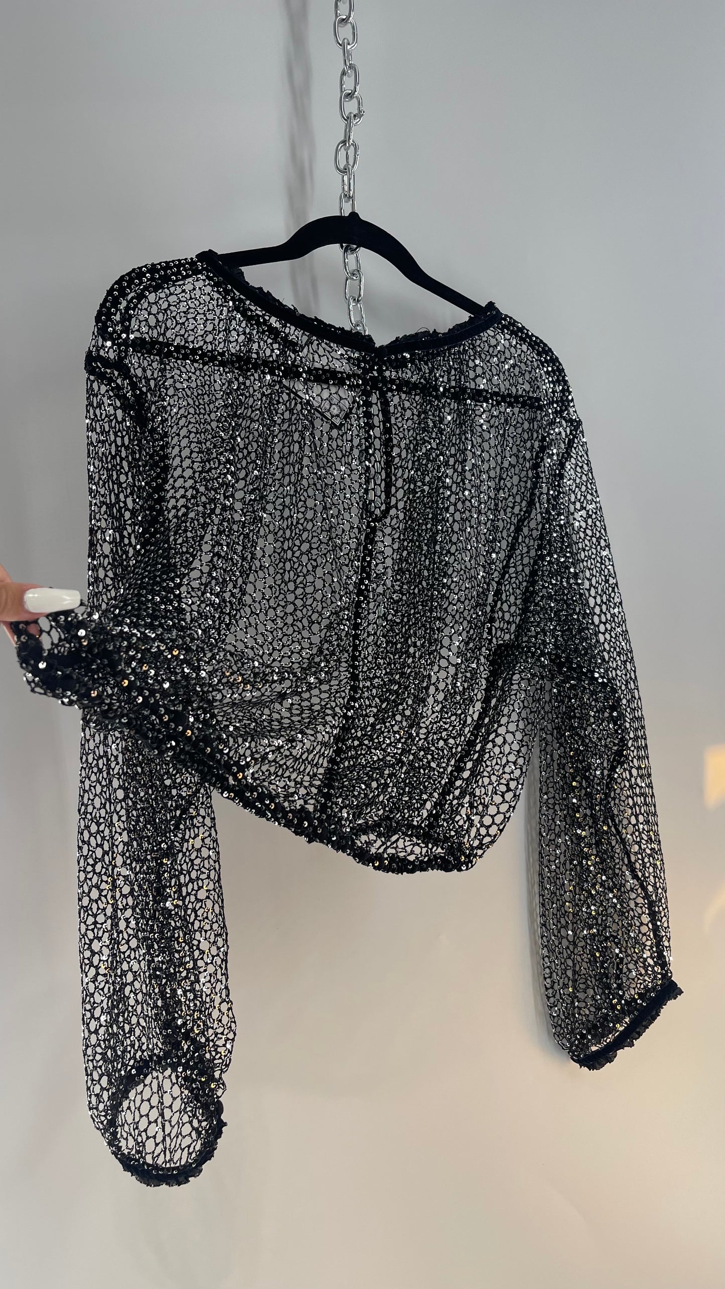 Free People Disco Black Mesh Blouse with Velvet Ribbon Trim (S/M)