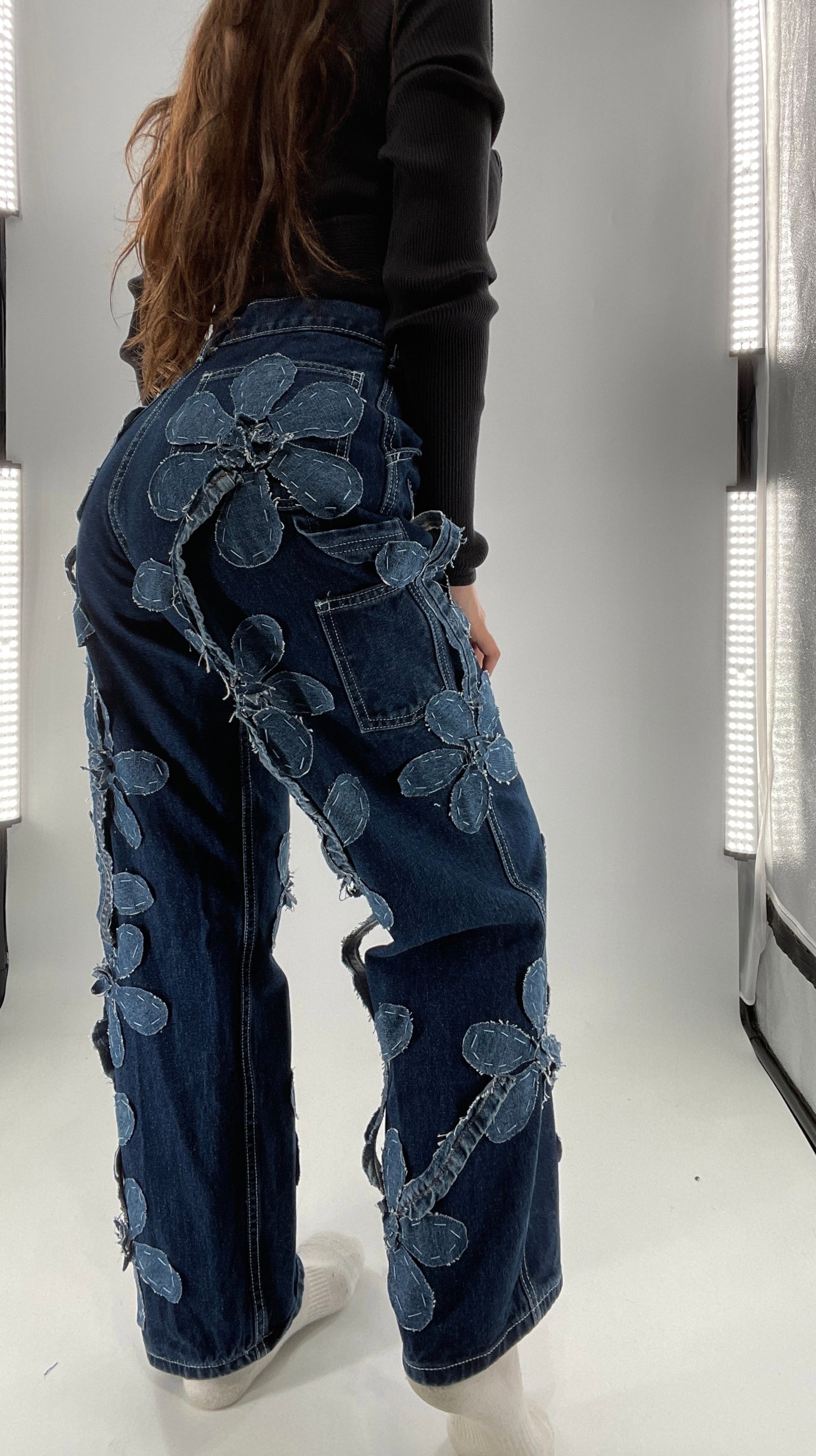 Handmade CUSTOM Dual Denim Tone Floral Vine Cargo Denims (S)