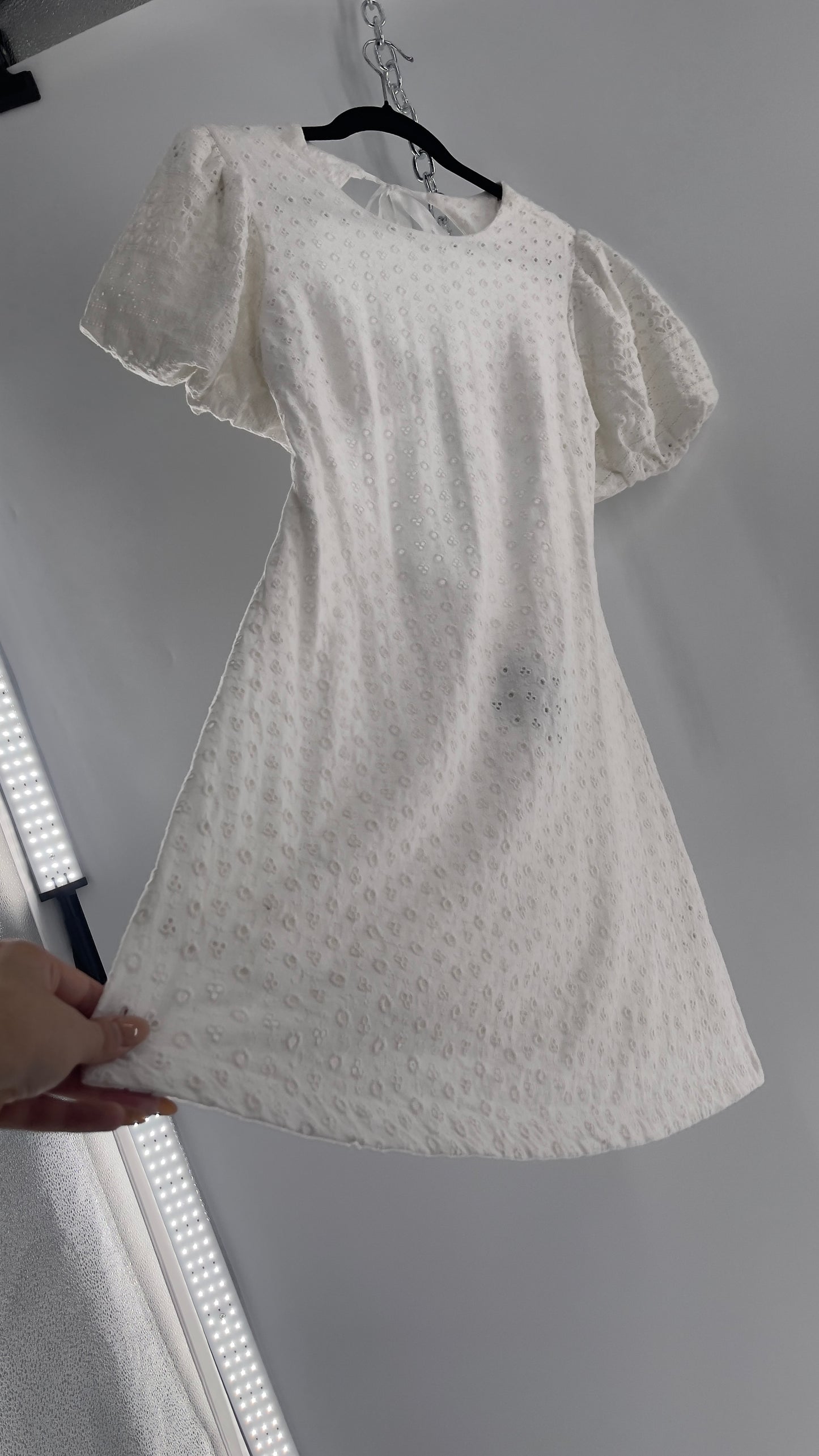 Free People White Eyelet Mini Dress with Puff Sleeve and Open Back (XS)
