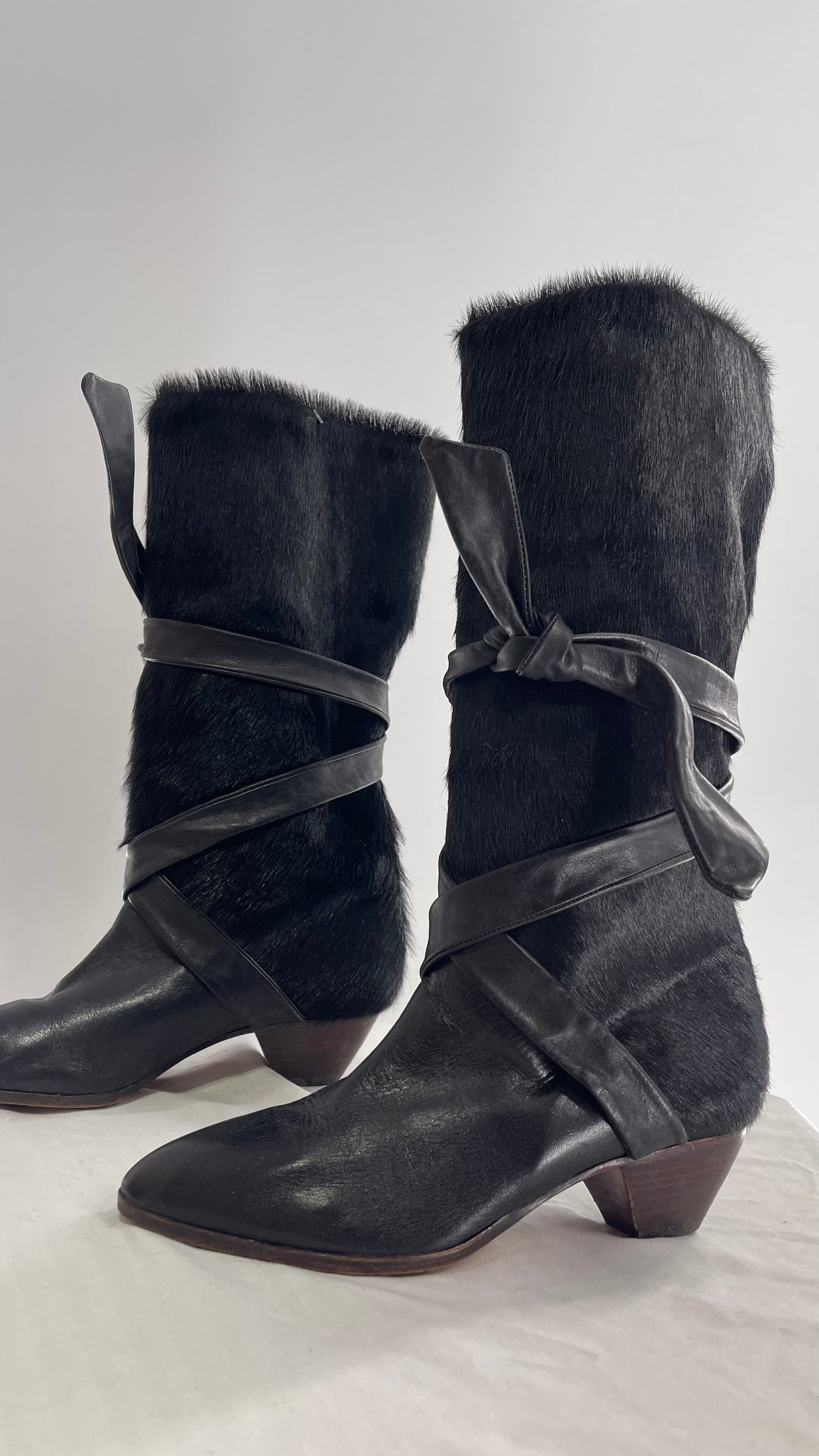 Vintage Nickels Black Italian Fur Boot with Leather Straps (7)