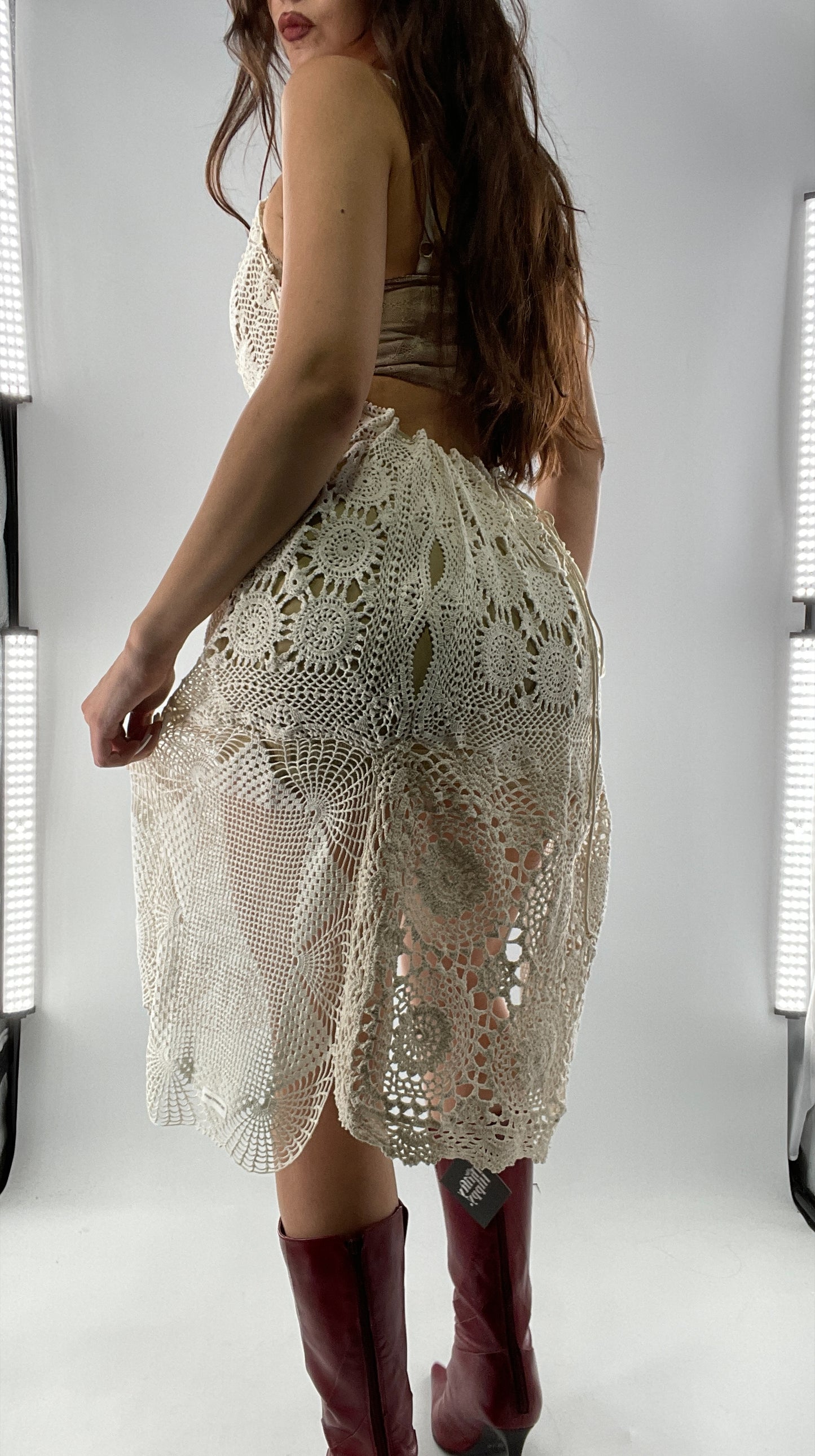 Vintage Handmade Crochet Cottage Adjustable Dress with Open, Low Back (One Size)