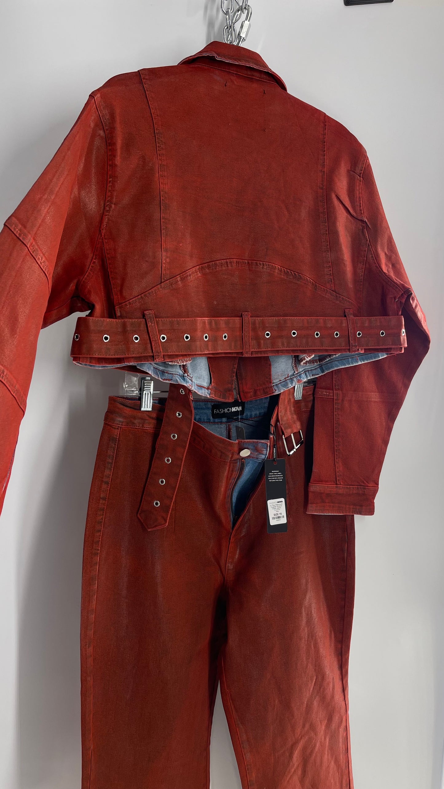 Fashion Nova Red Waxed Denim Cropped Motorcycle Jacket with Flared Jean Set and Tags Attached (XL/15)