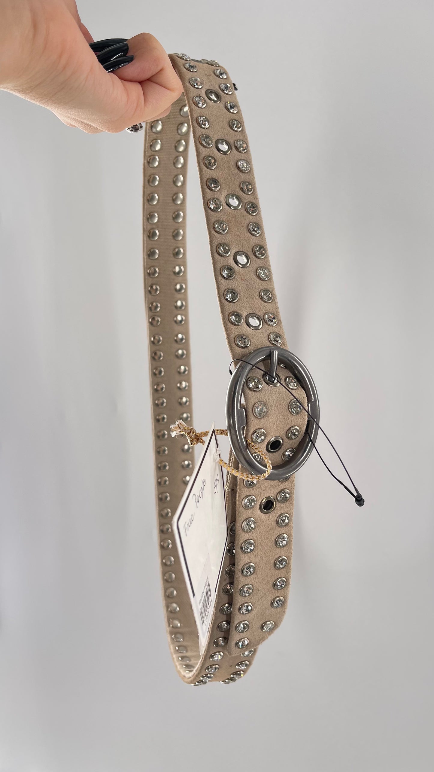 Free People Beige Leather Canvas Studded Rhinestone Crystal Studded Belt with Heavy Metal Buckle (S/M)