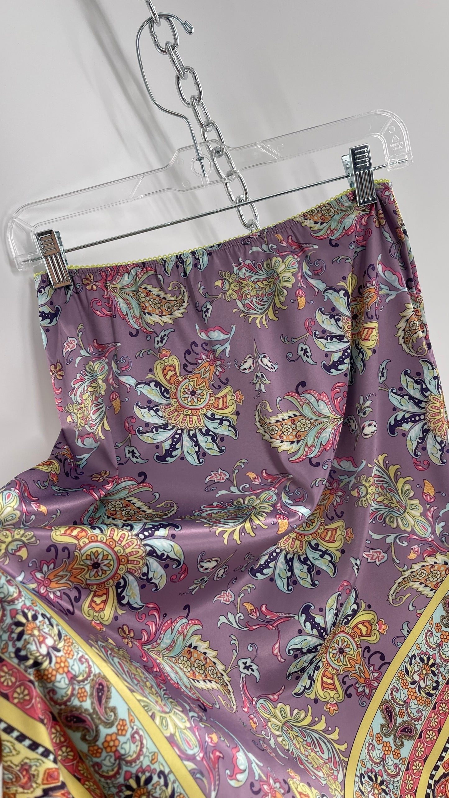 Urban Outfitters Lavender Satin Paisley Handkerchief Hem Skirt with Light Green Ribbon Waistline (Small)