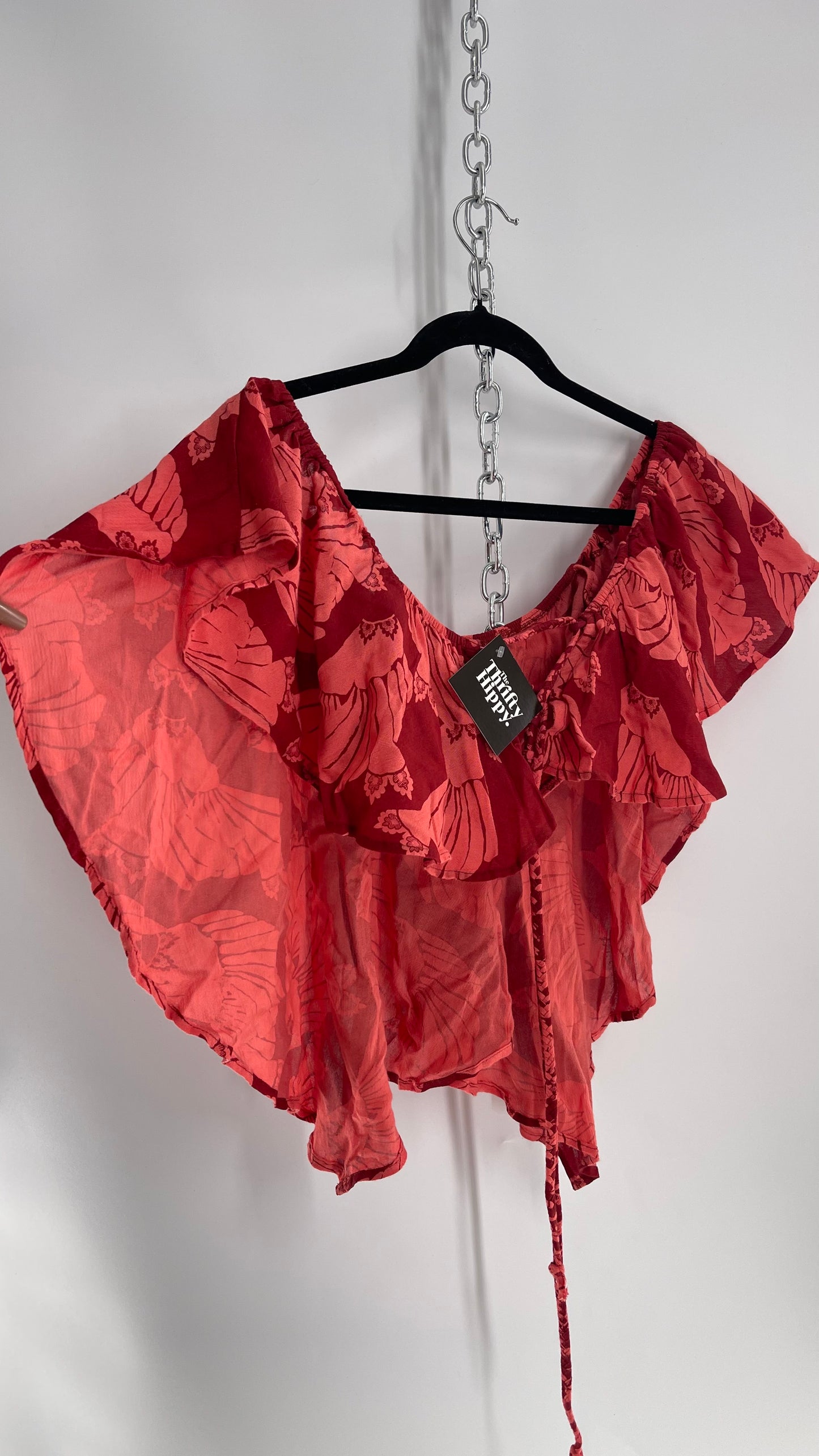 Free People Red Floral Drape Over Bandeau with Tie Up Back (Medium)