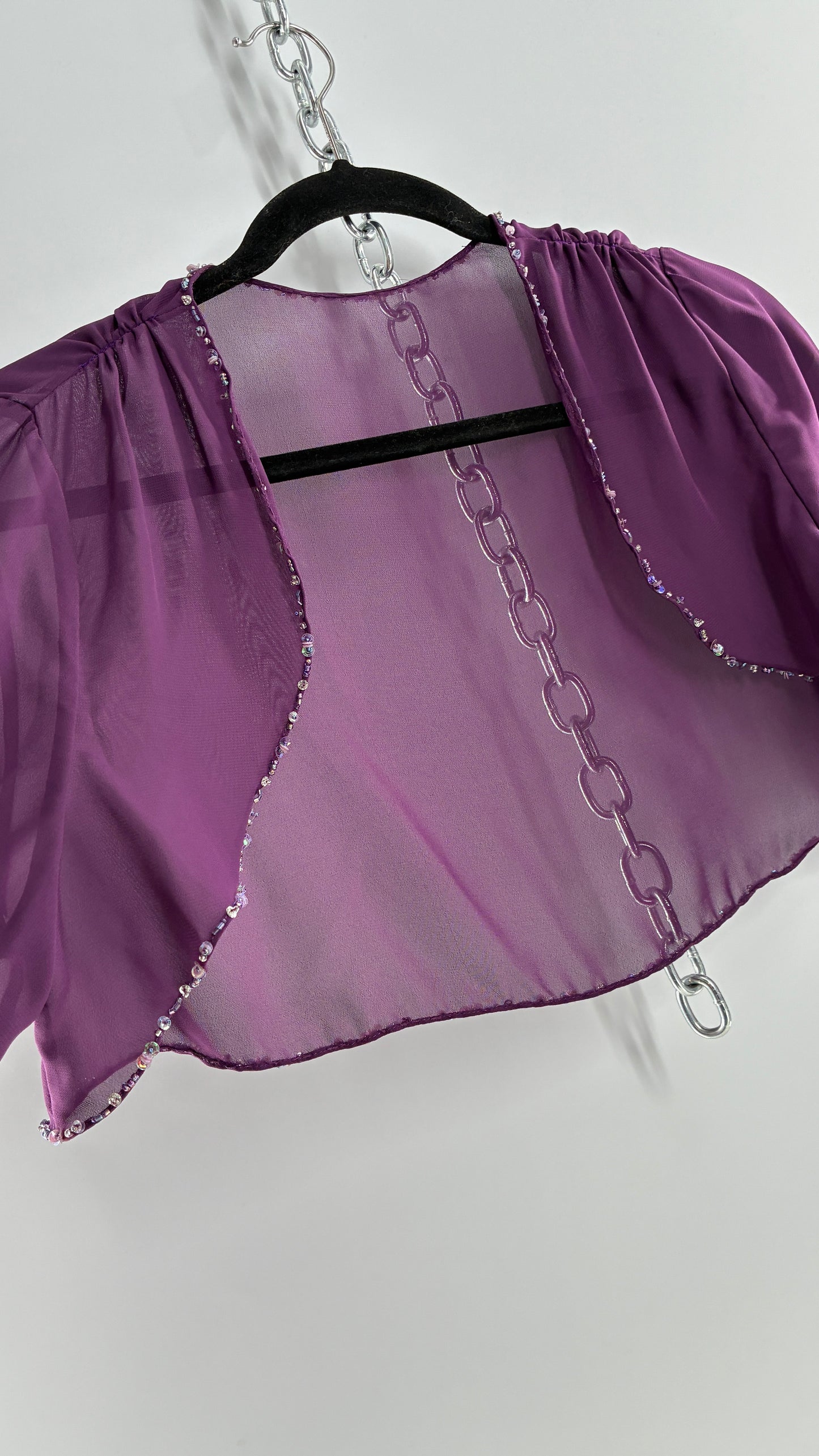 Vintage 1990s Purple Sheer Shrug with Iridescent Beaded Cuffs and Hem (M/L)