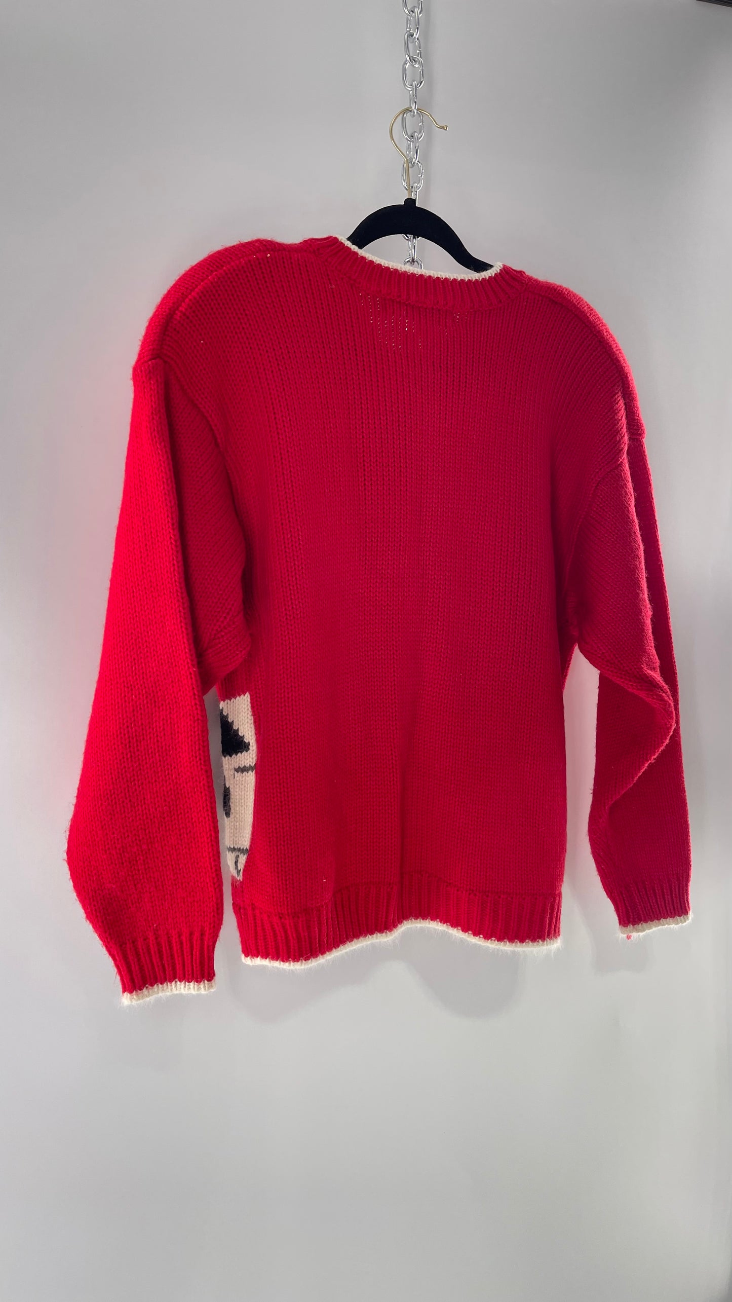Vintage Karen Scott Silver Button Front, Red Cardigan with Shoulder Padding and the Sweetest Festive Penguins in Bow Ties (Large)