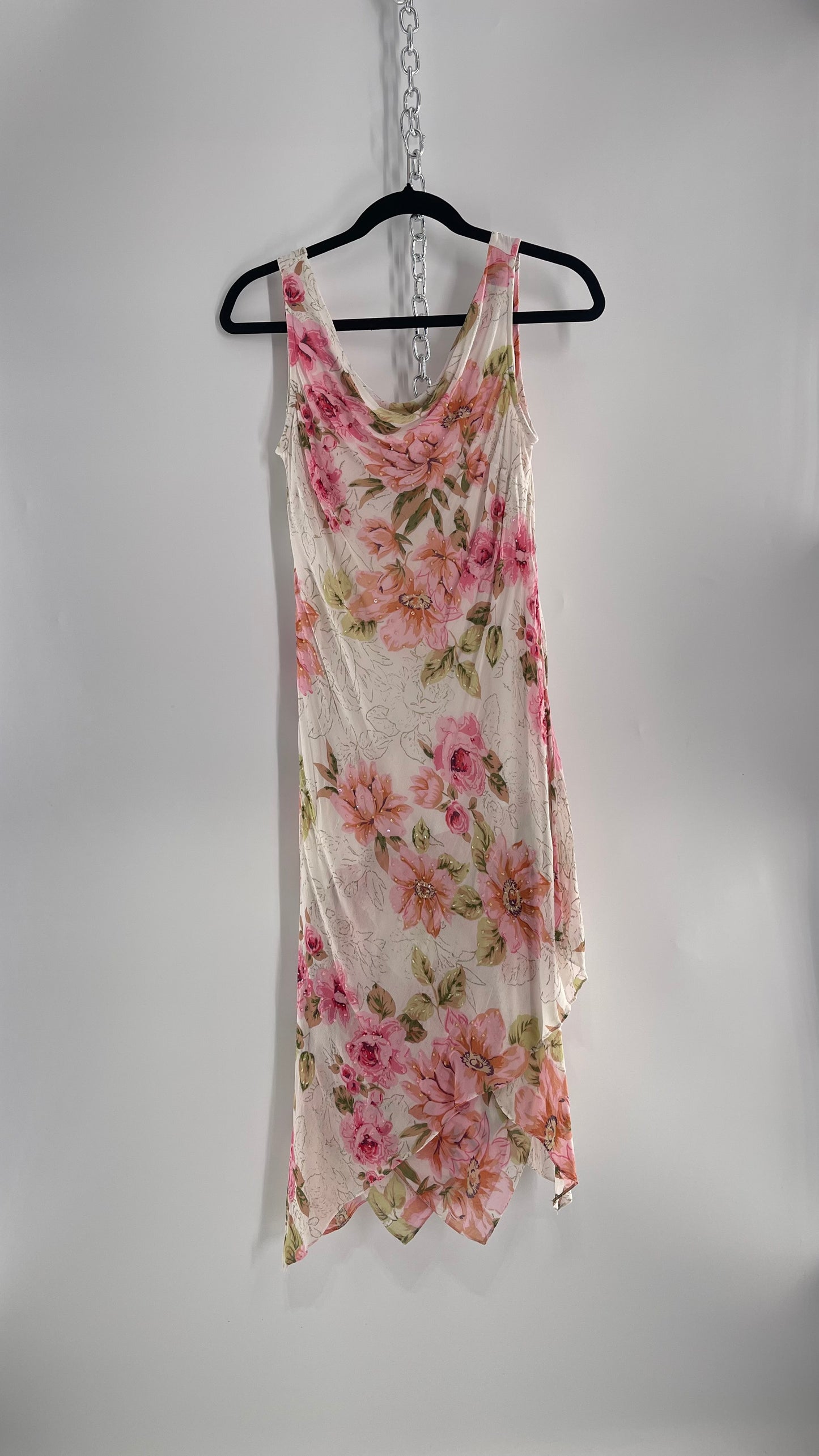 Vintage Eva Blue Pink Floral Draped Neck Sleeveless MIDI with Beading (10)