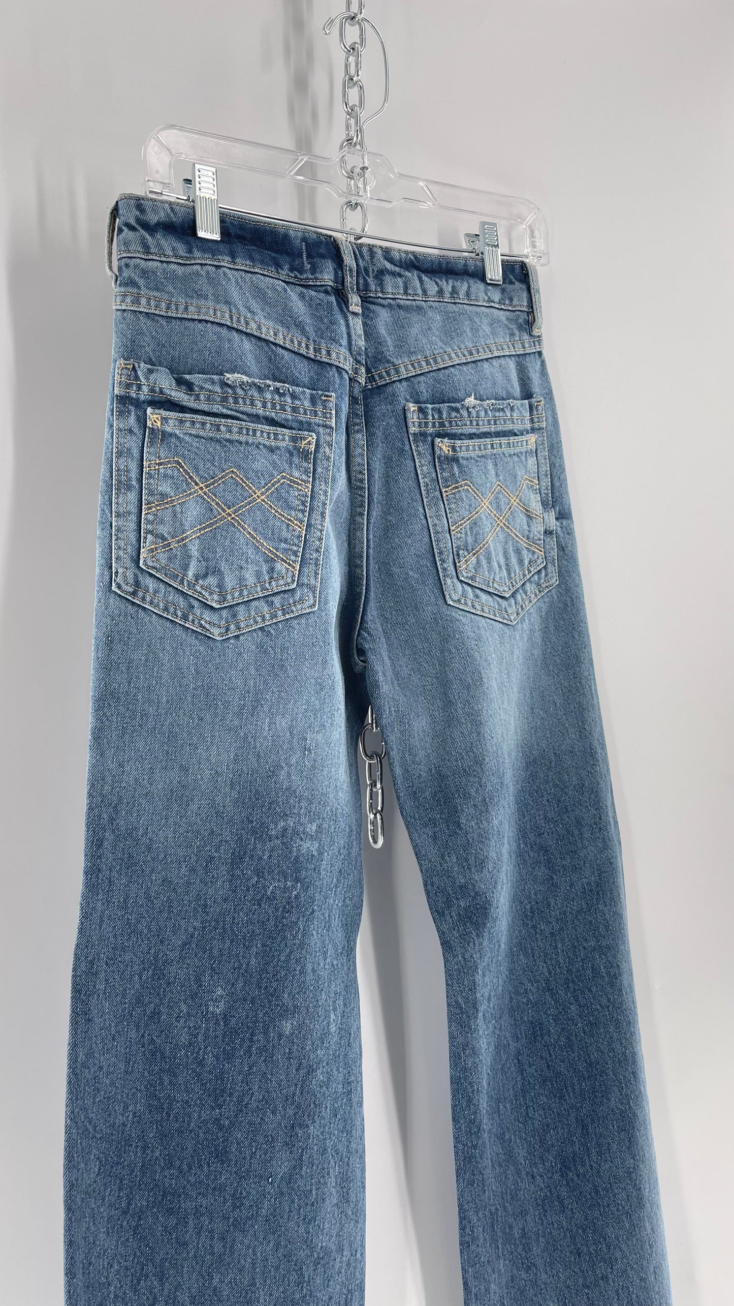 Free People Light Wash Straight Leg Jeans with Distressed Hem, Double Pockets and White Paint with Tags Attached (25)