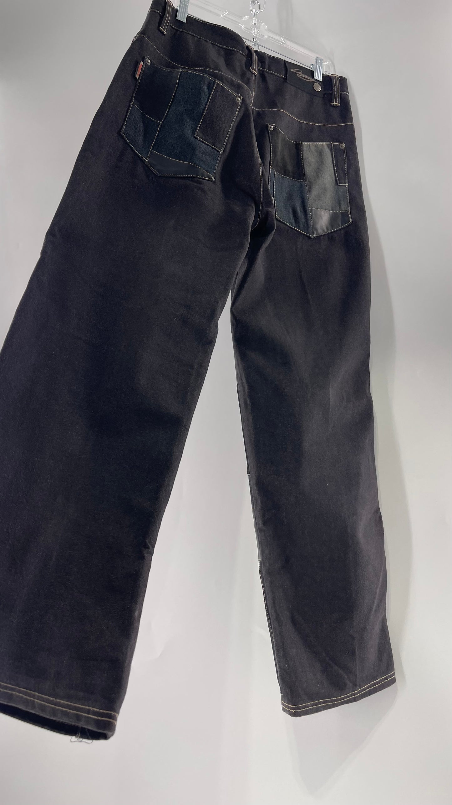 Vintage Original Davoucci Dark Wash Denim with Suede Leather Checker Patchwork Front (34x33)