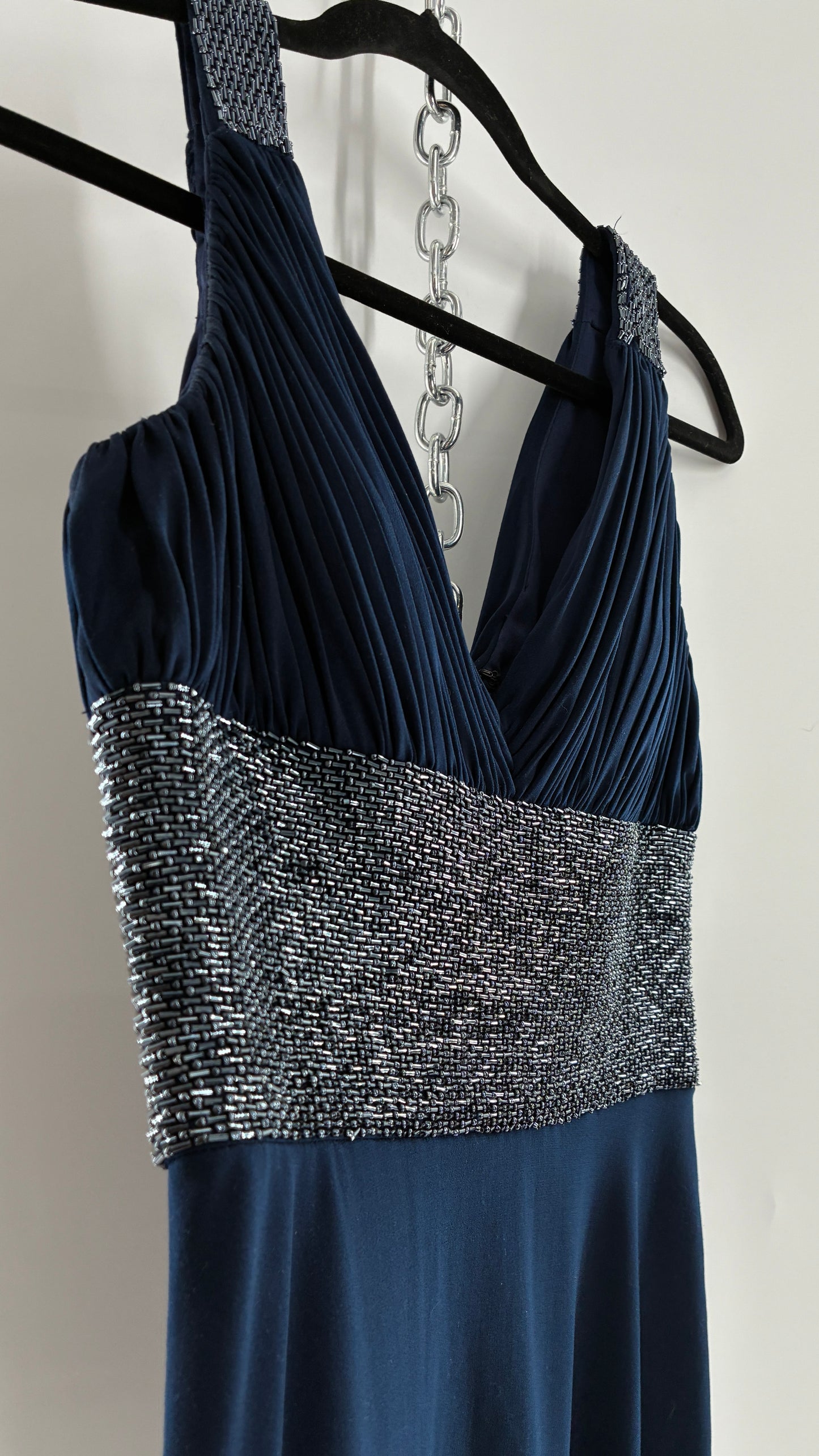 Vintage JS Boutique 1990s Navy Blue Chopped Handkerchief Hem, Beaded Underbust Panel and Pleated Bust (6)