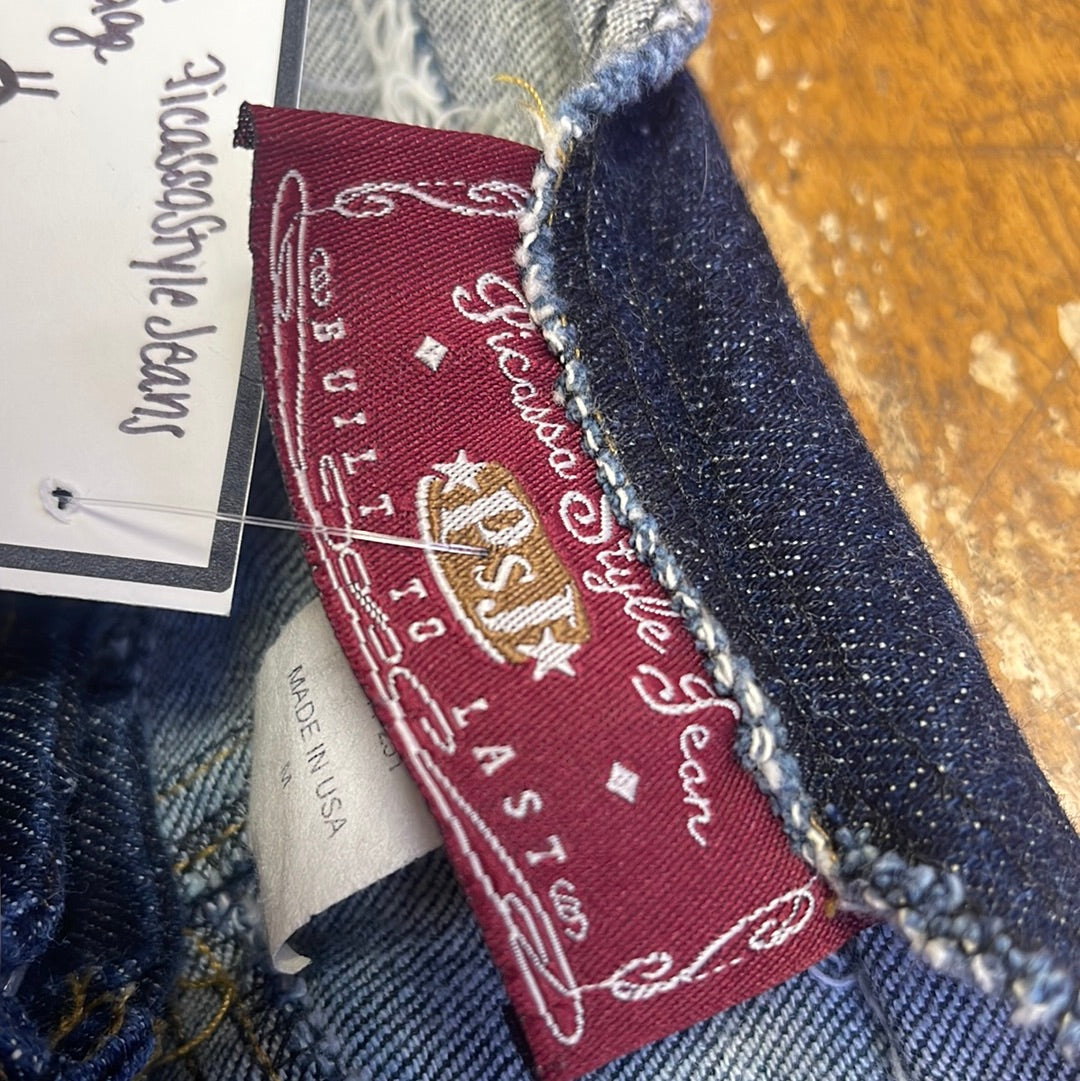 Vintage 90s Picasso Style Jean Dark Wash Kick Flare with Dramatic Oversized Silver Buckle and Grommet Belt (Medium)