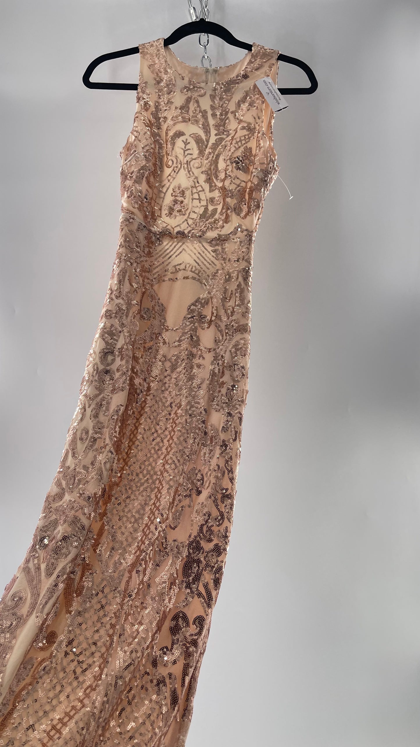 Windsor Rose Gold Sequin Maxi Dress with Side Slit Detail and Open Back (Small)