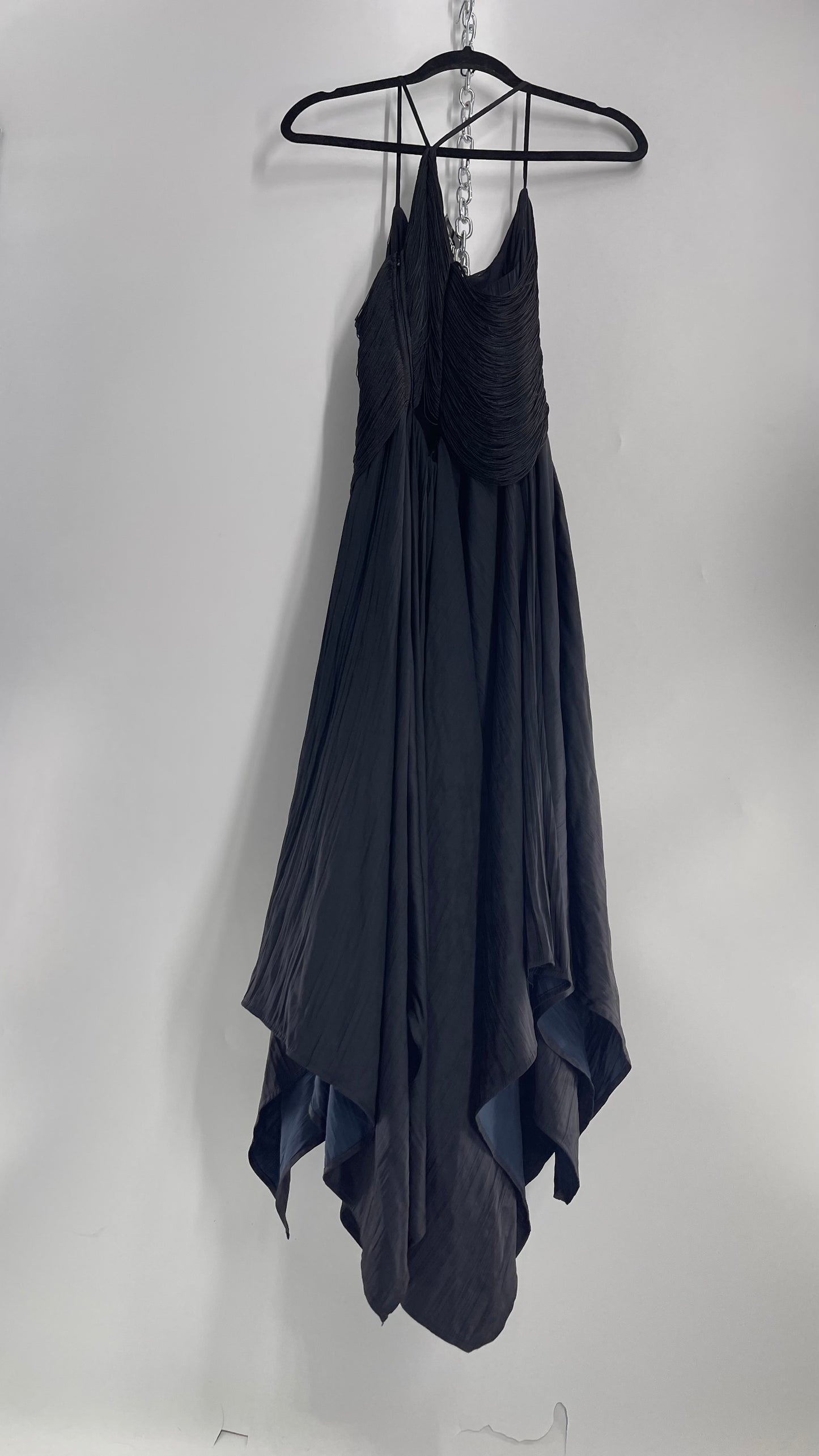 Anthropologie Black Handkerchief Hem Midi Dress with Heavy Draped Rope Bodice (4)