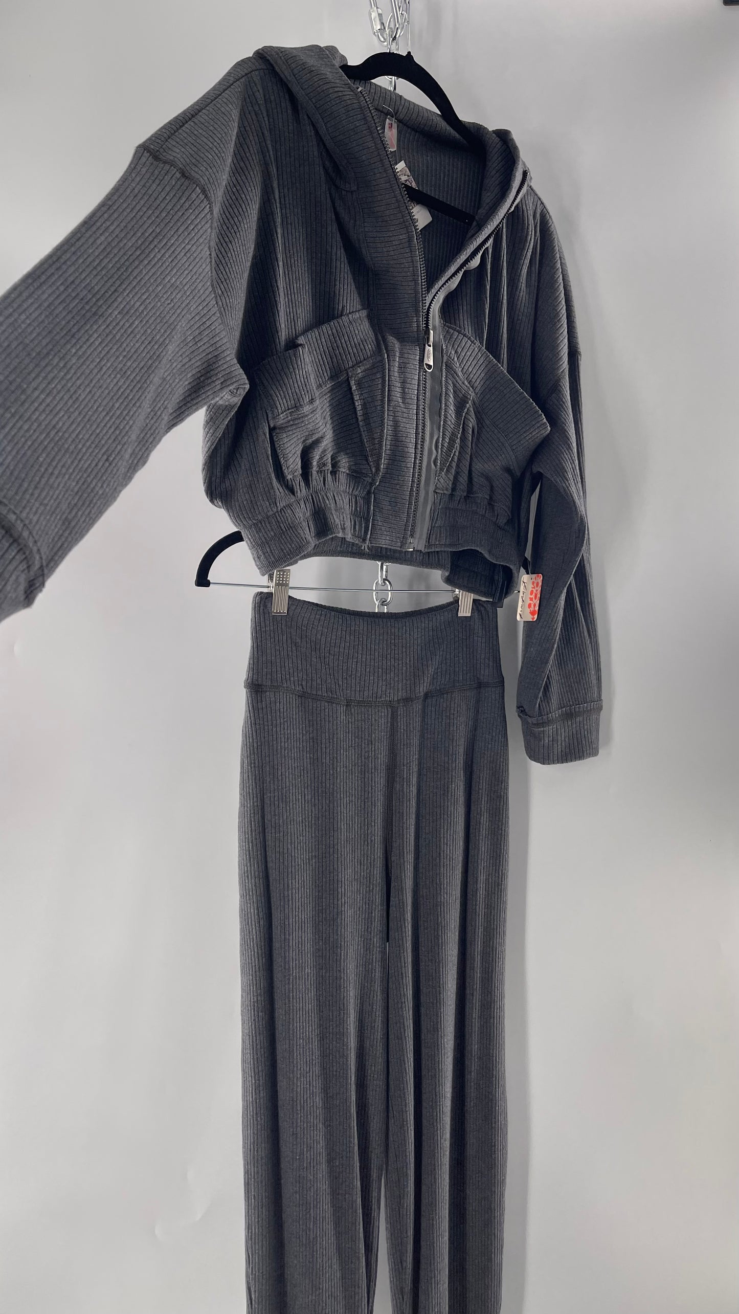 Free People Charcoal Slate Gray 2 Piece Set with Cropped Hoodie and Jogger Sweats with Tags Attached (XS)