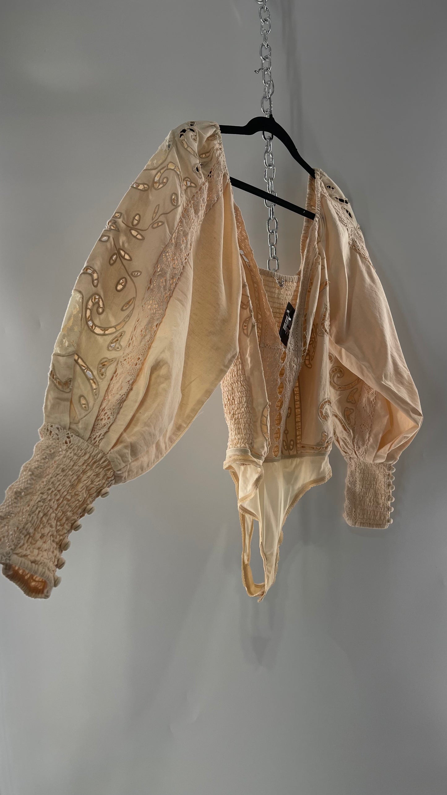 Free People Off White Cotton Bodysuit with Embroidered Lace Balloon Bishop Sleeve and Smocked, Buttoned Cuffs (Large)