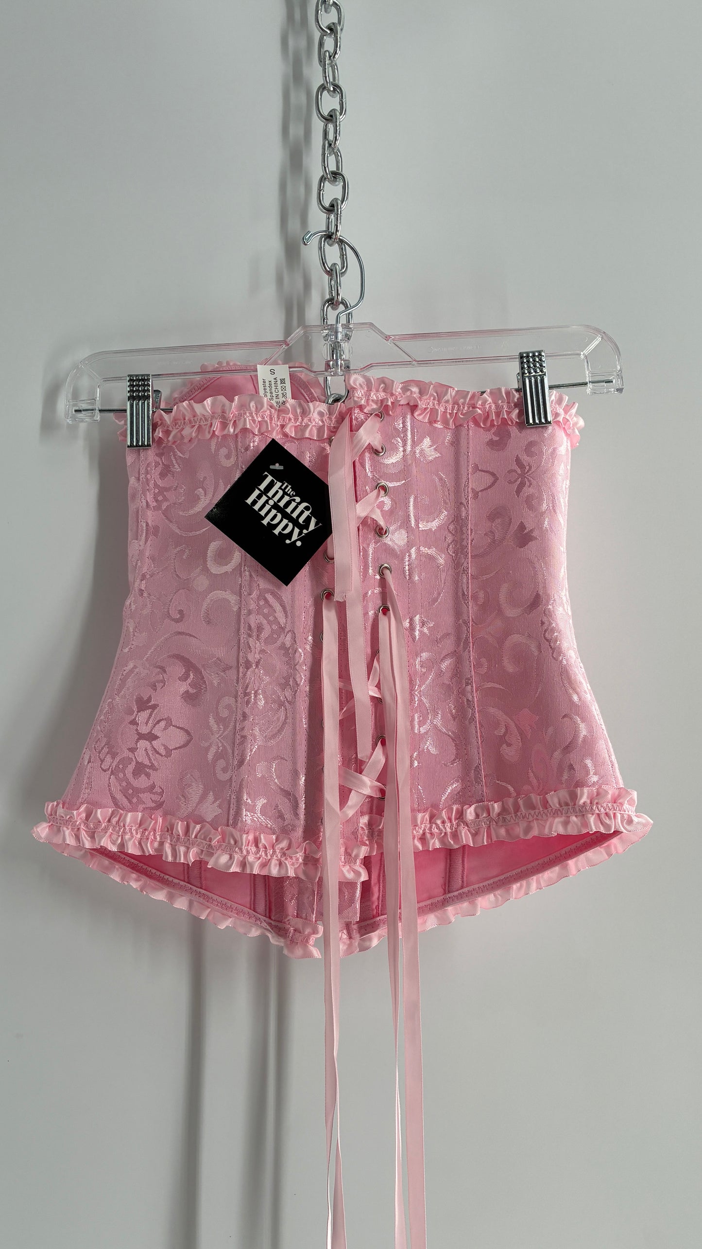 Baby Pink Ruffled Lace Trim Corset with Tie Bust Detail (Small)