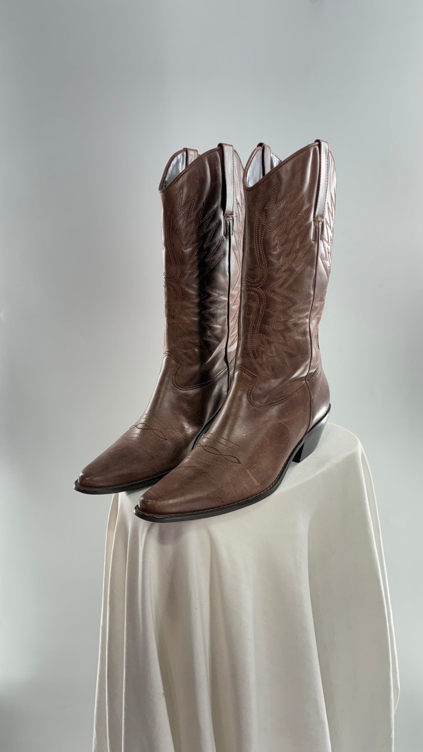 Vintage Genuine Leather Brown Cowboy Boots Made in Brazil (9.5)