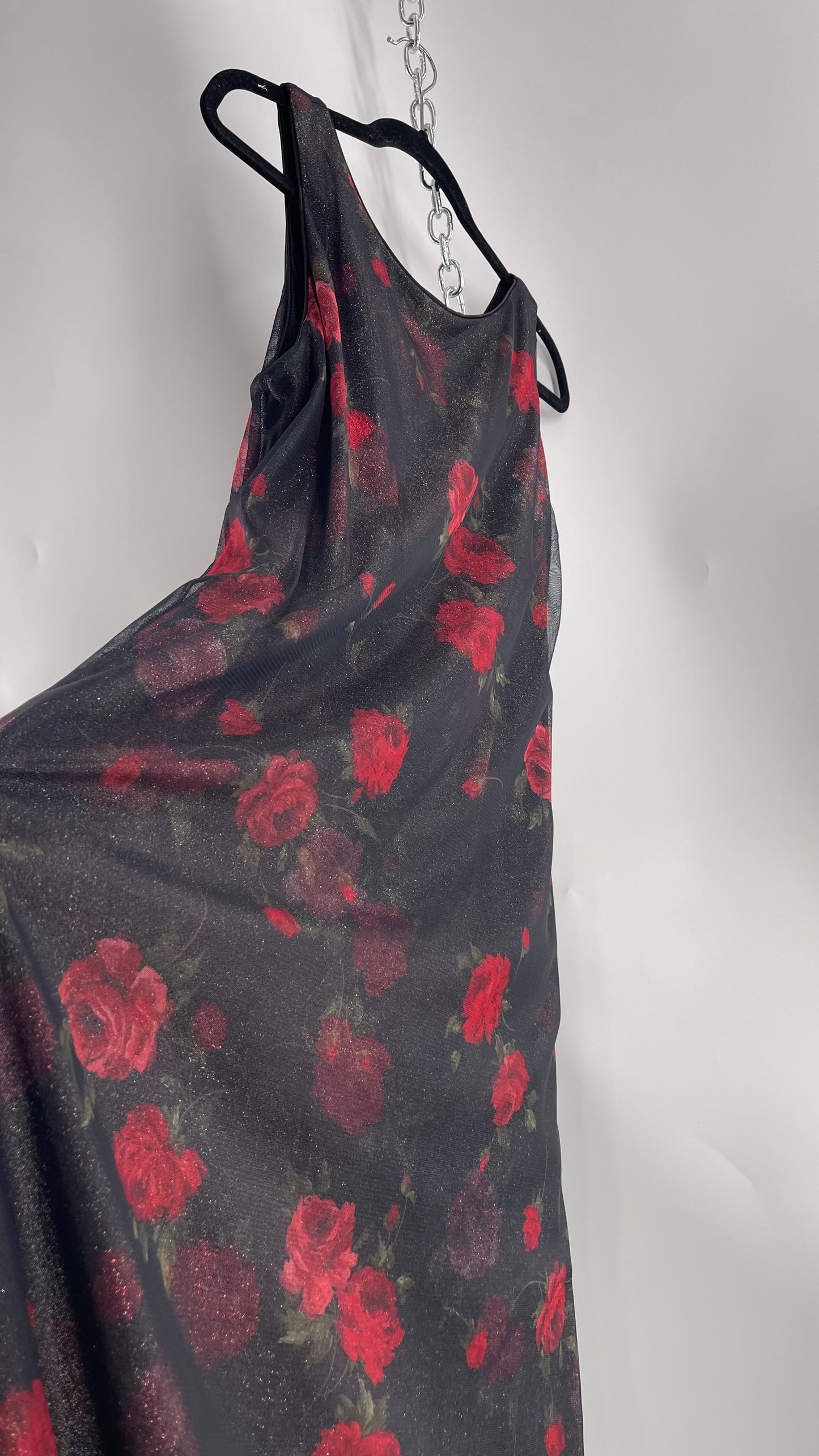Vintage TEDDI EVENING Dress with Red Rose Layer Over Glitter Graphic and Black Base Layer (10)