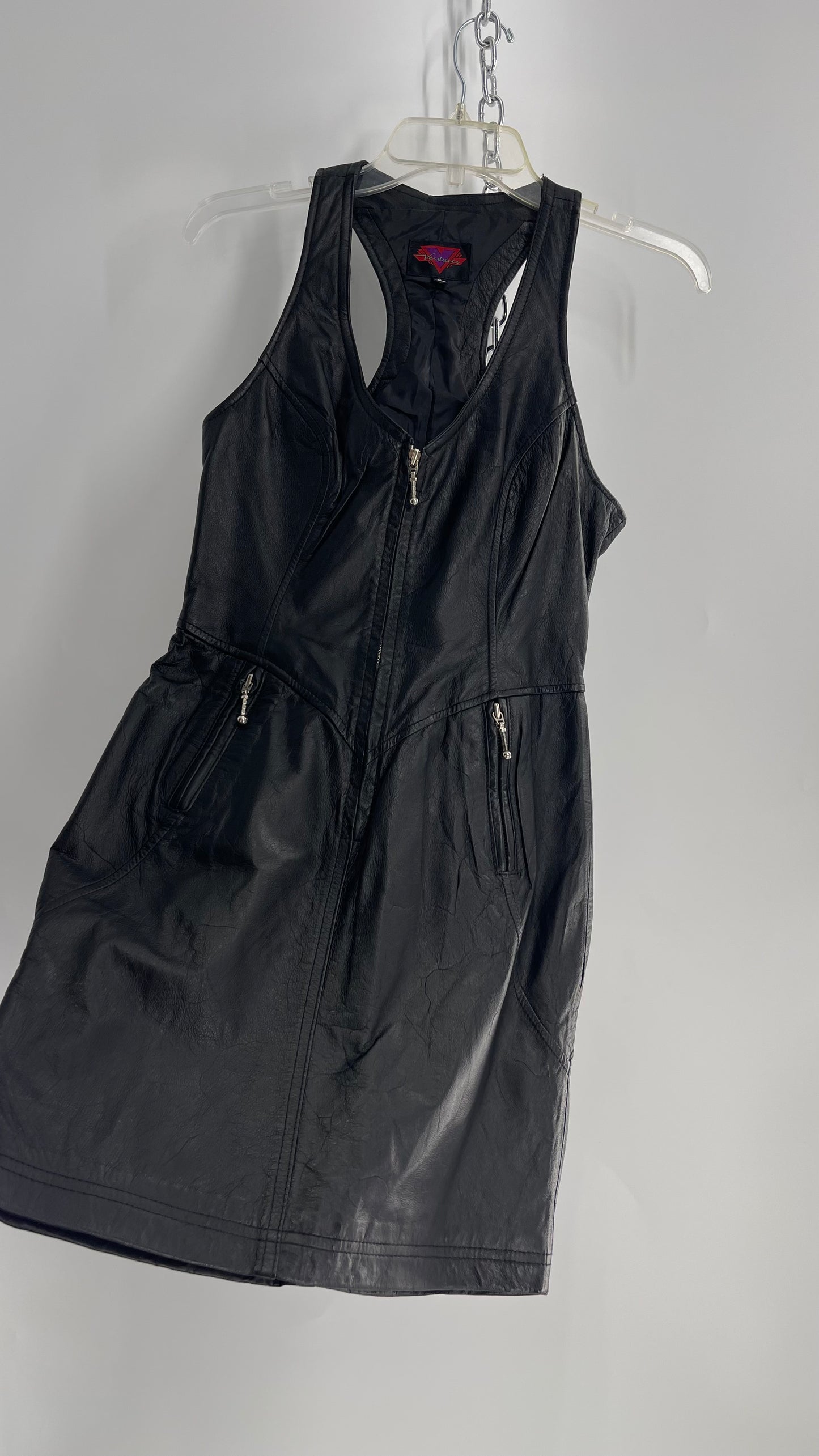 Vintage 1980s VERDUCCI Black Leather Zip Front Mini Dress (Small)