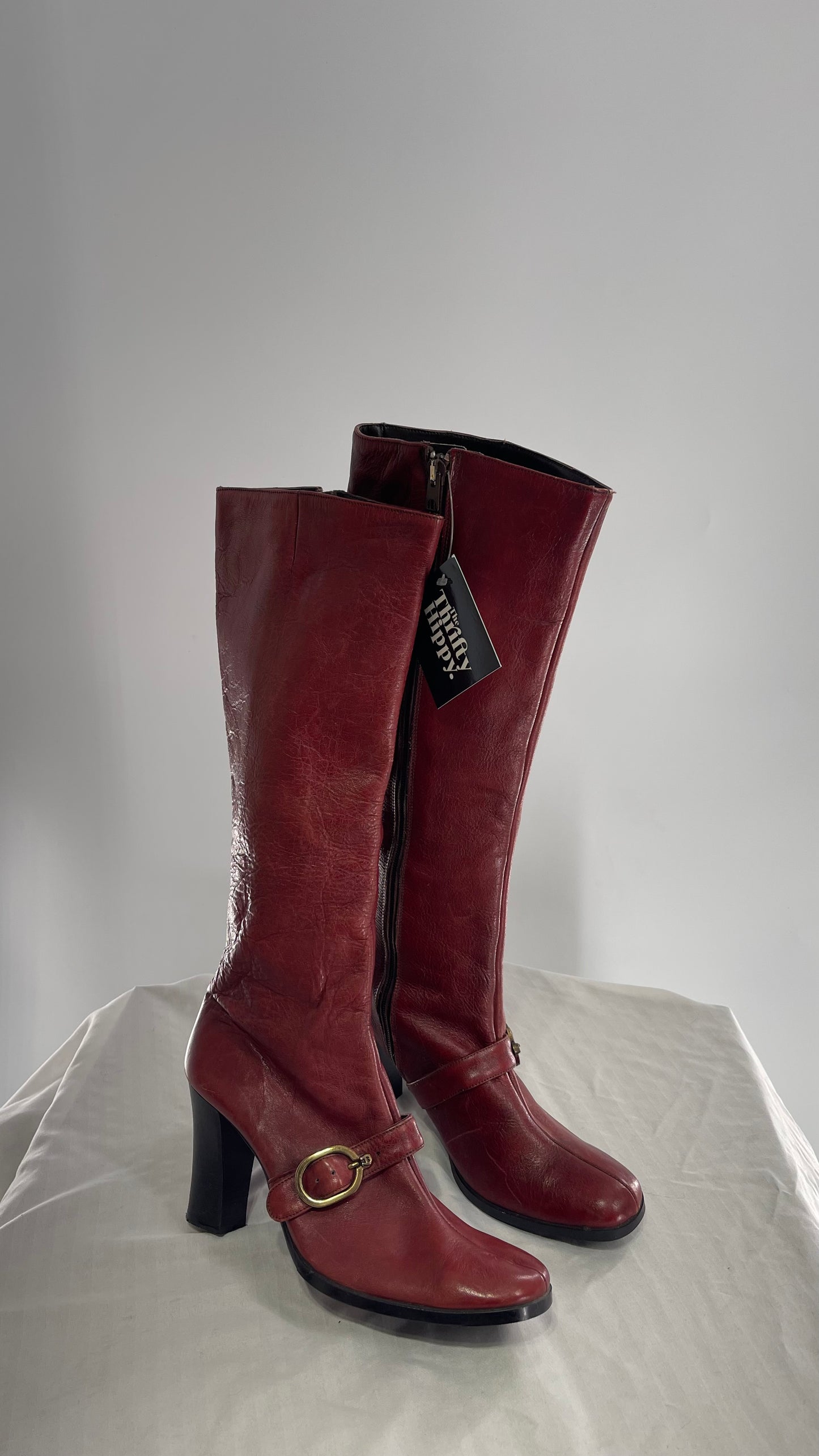 Vintage Etienne Aigner Red Italian Leather Boots with Buckle Strap (8.5)