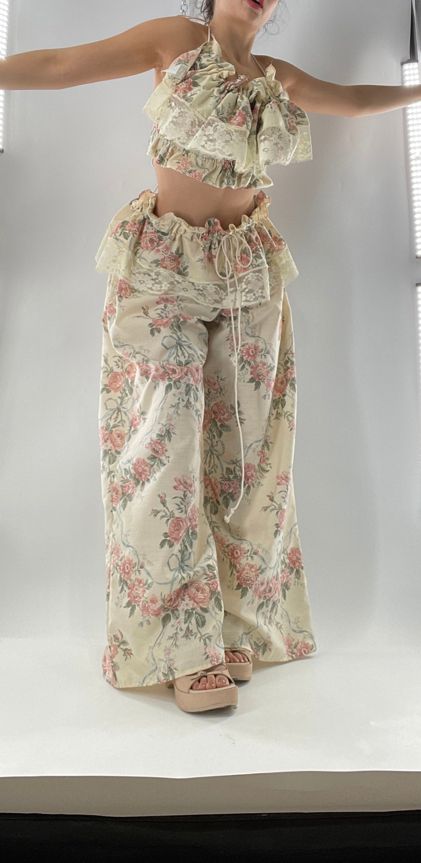 Vintage Set Covered in Delicate Dainty Florals, Bows and Lace (One Size, Adjustable)